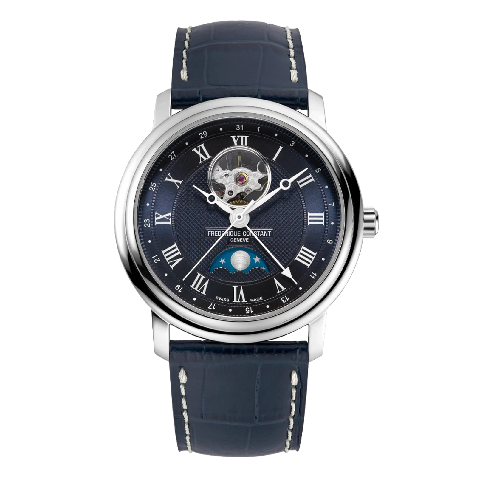 Front view of Frederique Constant watch with a blue dial, moonphase complication, and blue leather strap.
