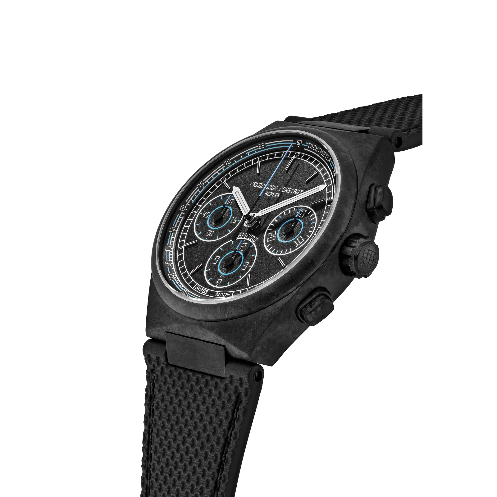 Angled profile showing the matte black case, pushers, and integrated strap.