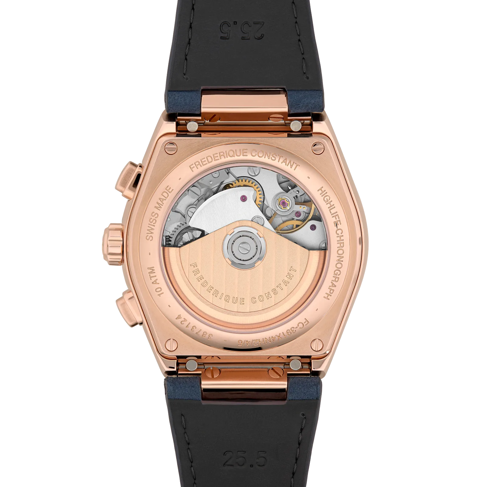 Open case back view showing the automatic movement and rose gold-toned rotor.