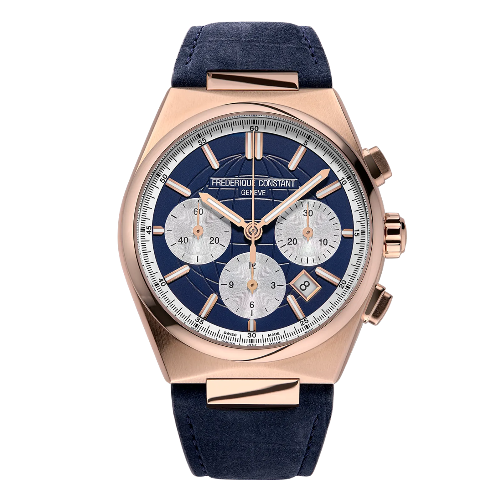 Front view of a Frederique Constant Highlife chronograph with a rose gold case and blue dial.