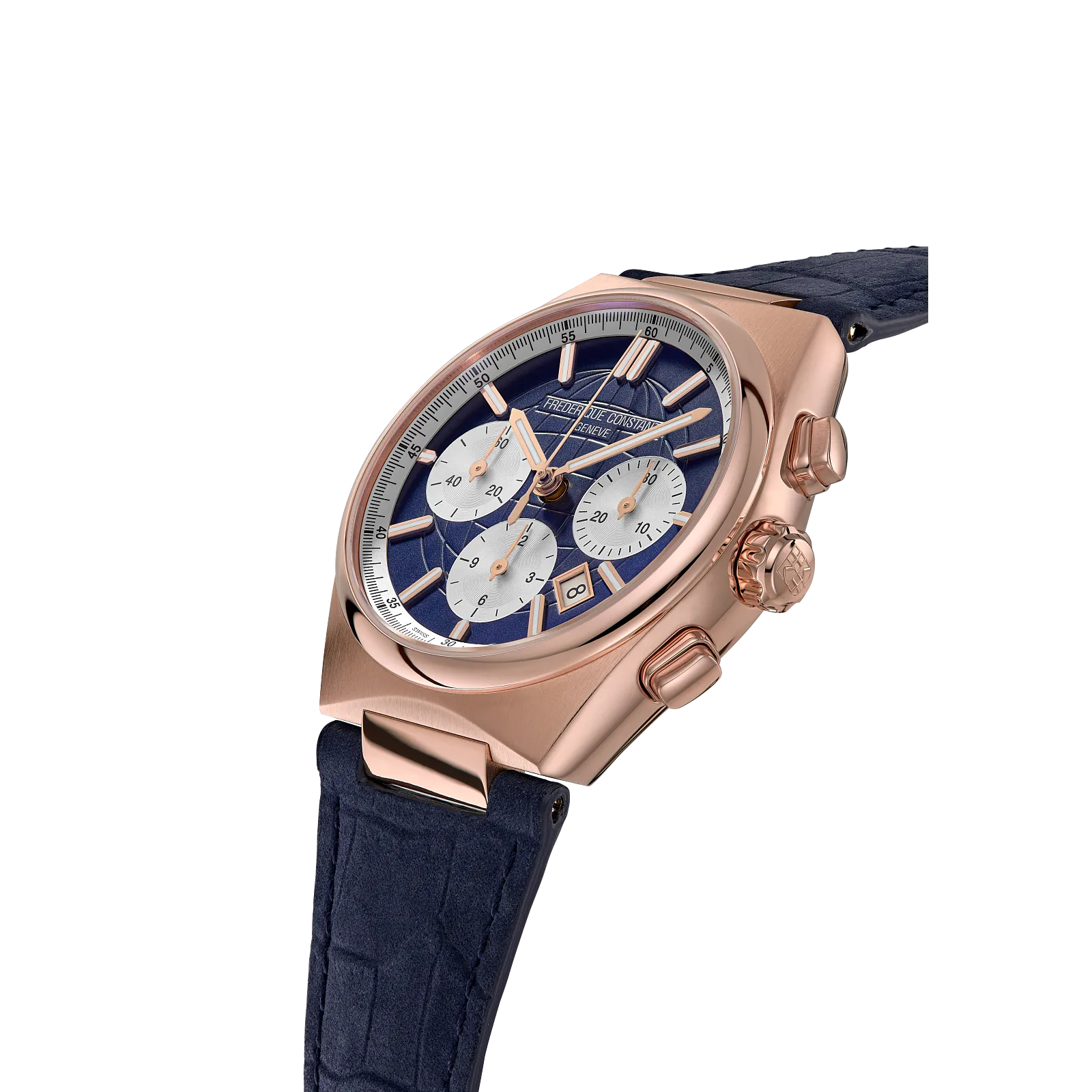 Angled side profile highlighting the integrated case design and chronograph pushers.