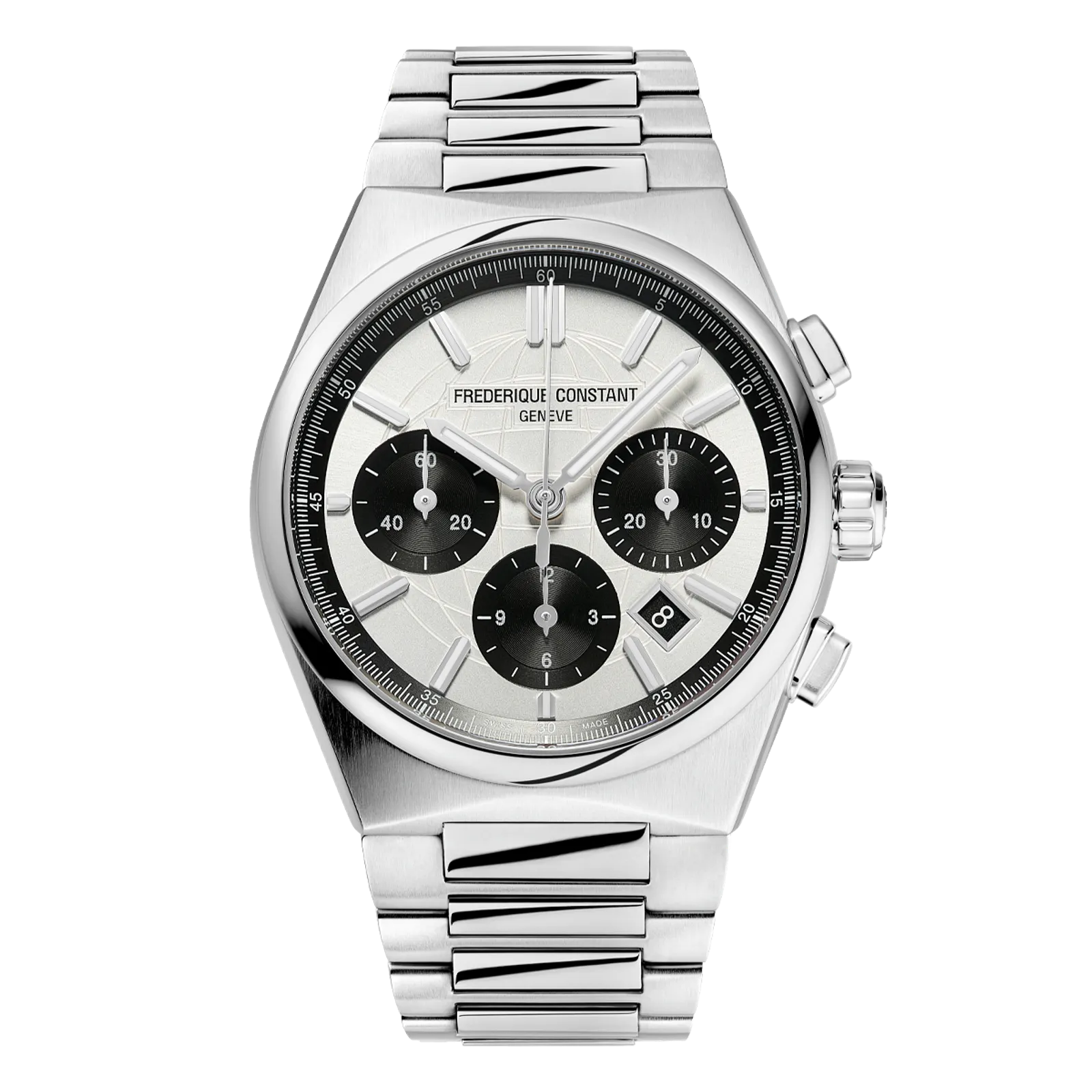 Front view of a Frederique Constant Highlife "Panda" chronograph with a silver steel bracelet.