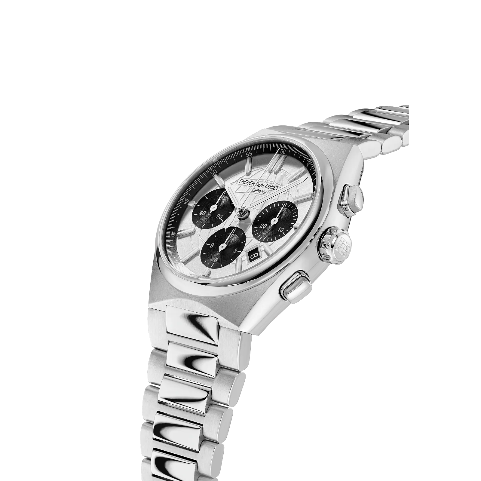 Side-angle view highlighting the integrated steel bracelet and chronograph pushers.