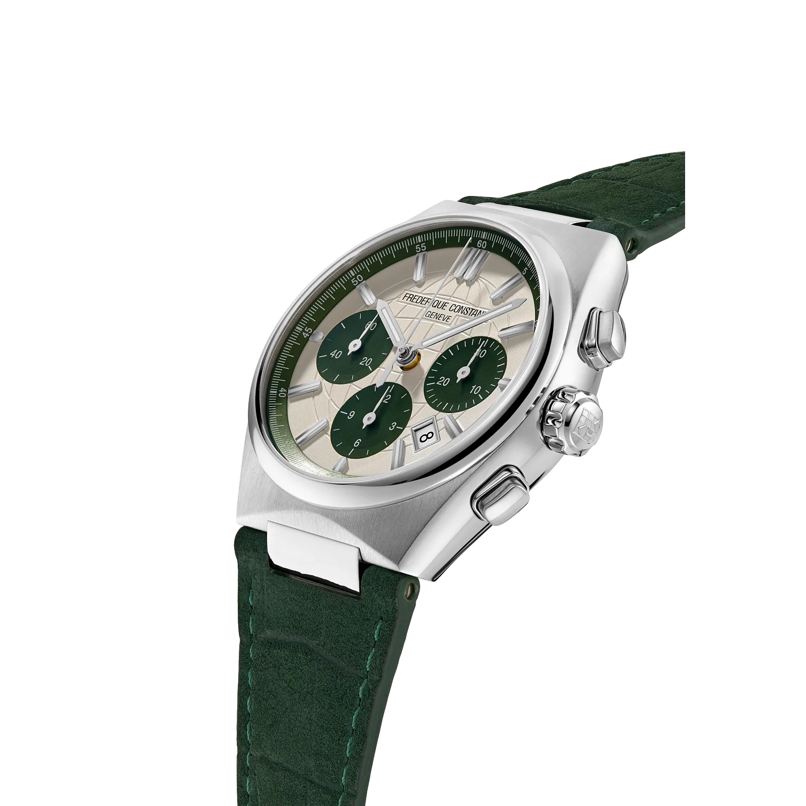 Angled side profile highlighting the steel case and green embossed strap.