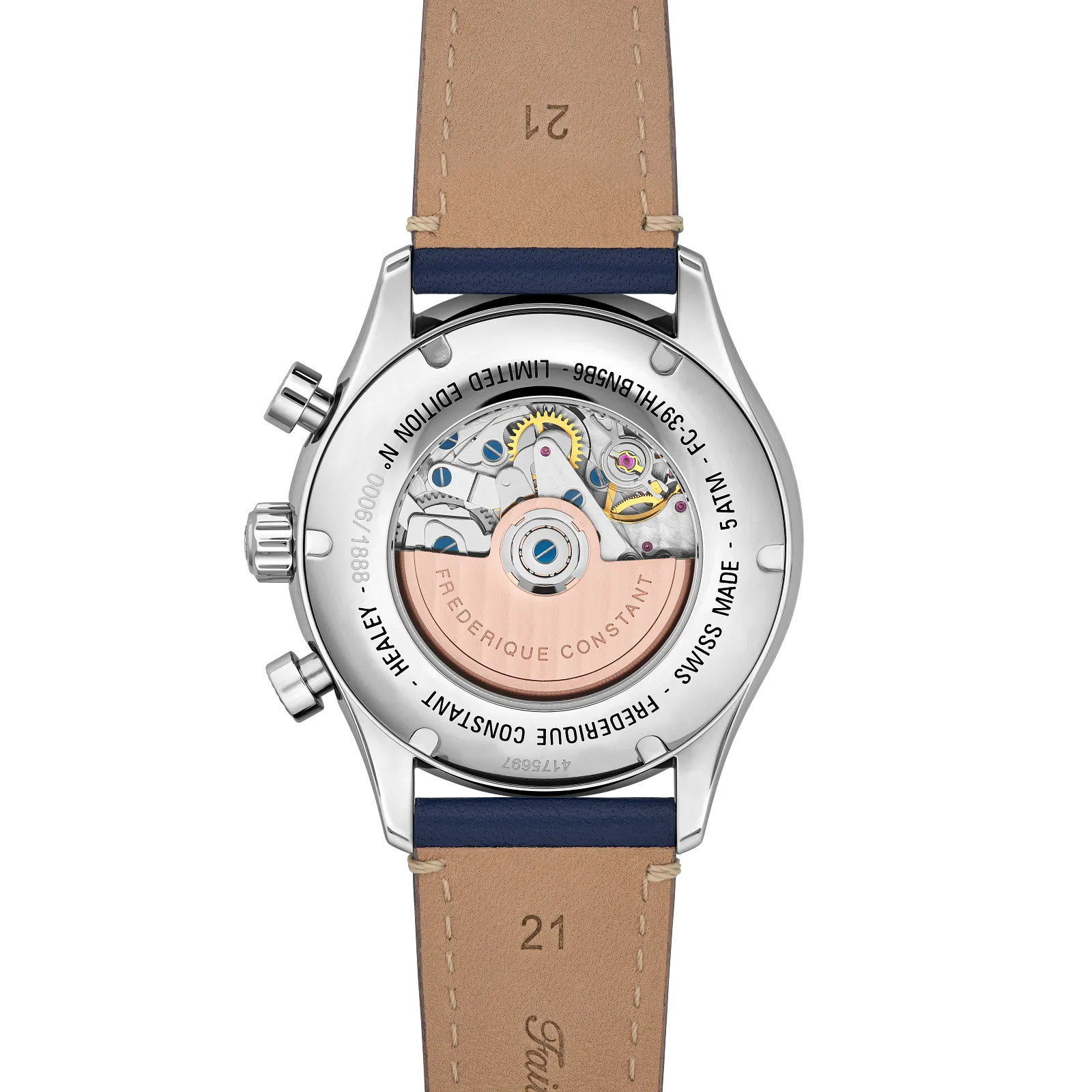 Open case back view showing the automatic movement with an engraved rose gold rotor.