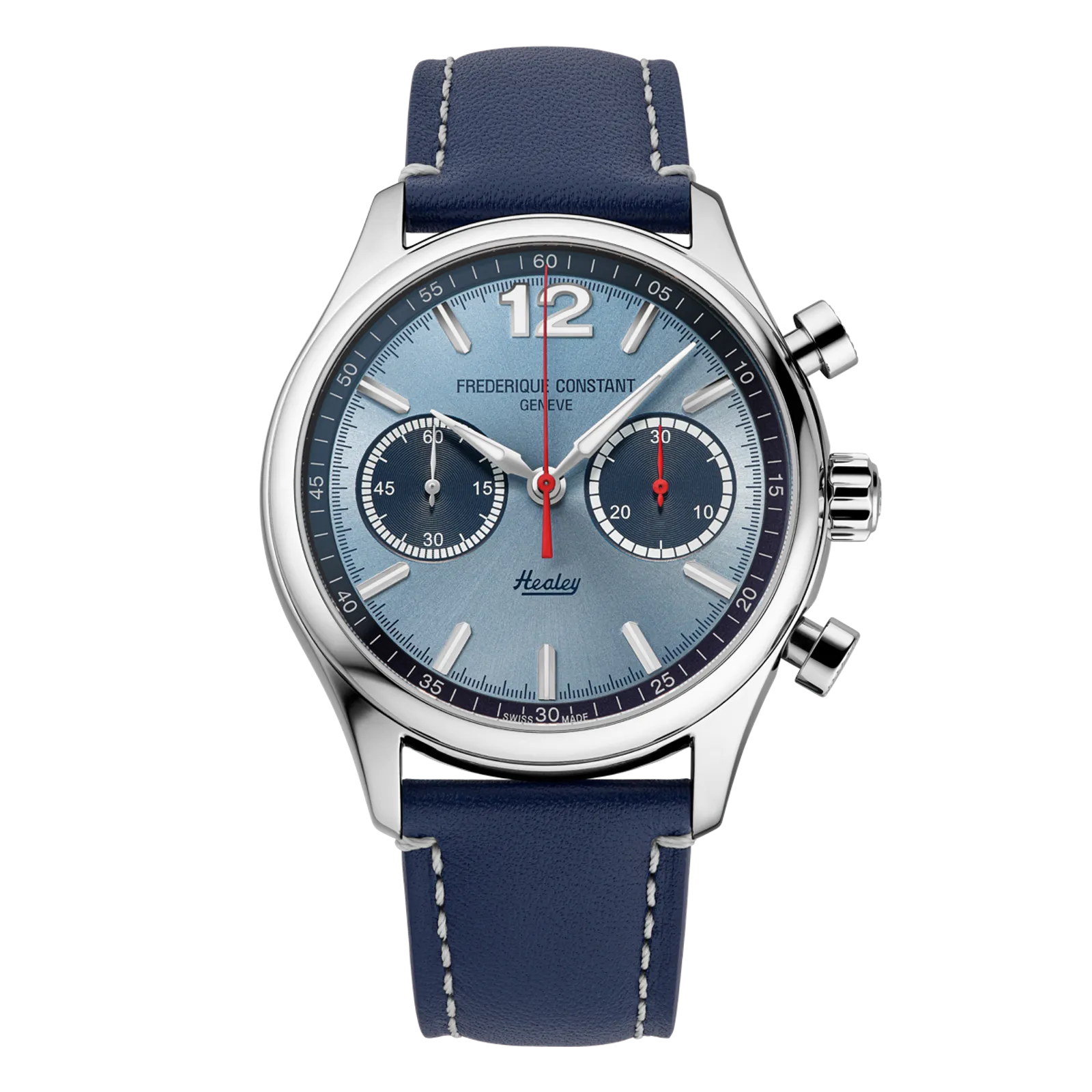 Front view of a Frederique Constant Austin-Healey chronograph with a light blue dial and navy leather strap.