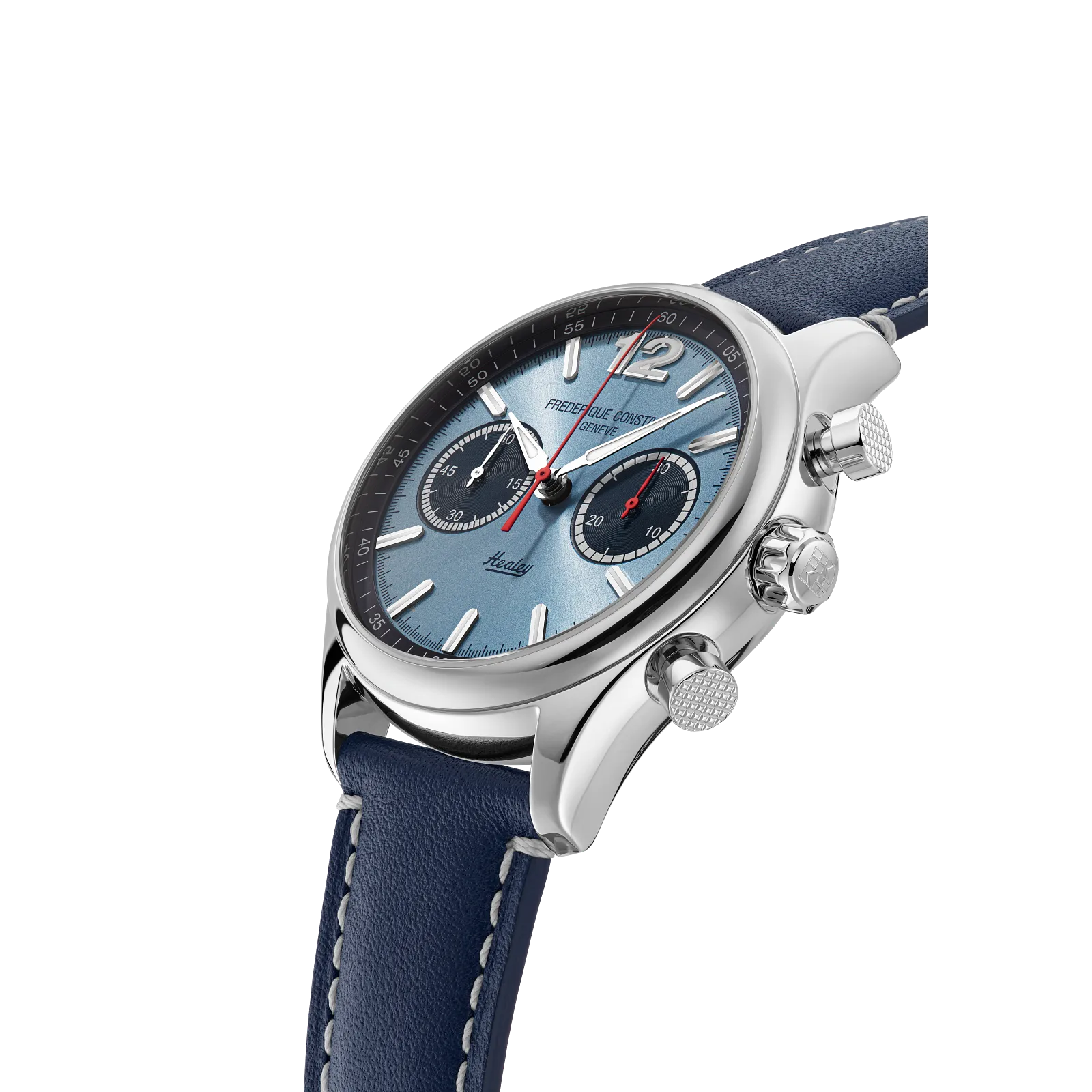 Angled side profile showing the chronograph pushers and polished stainless steel case.