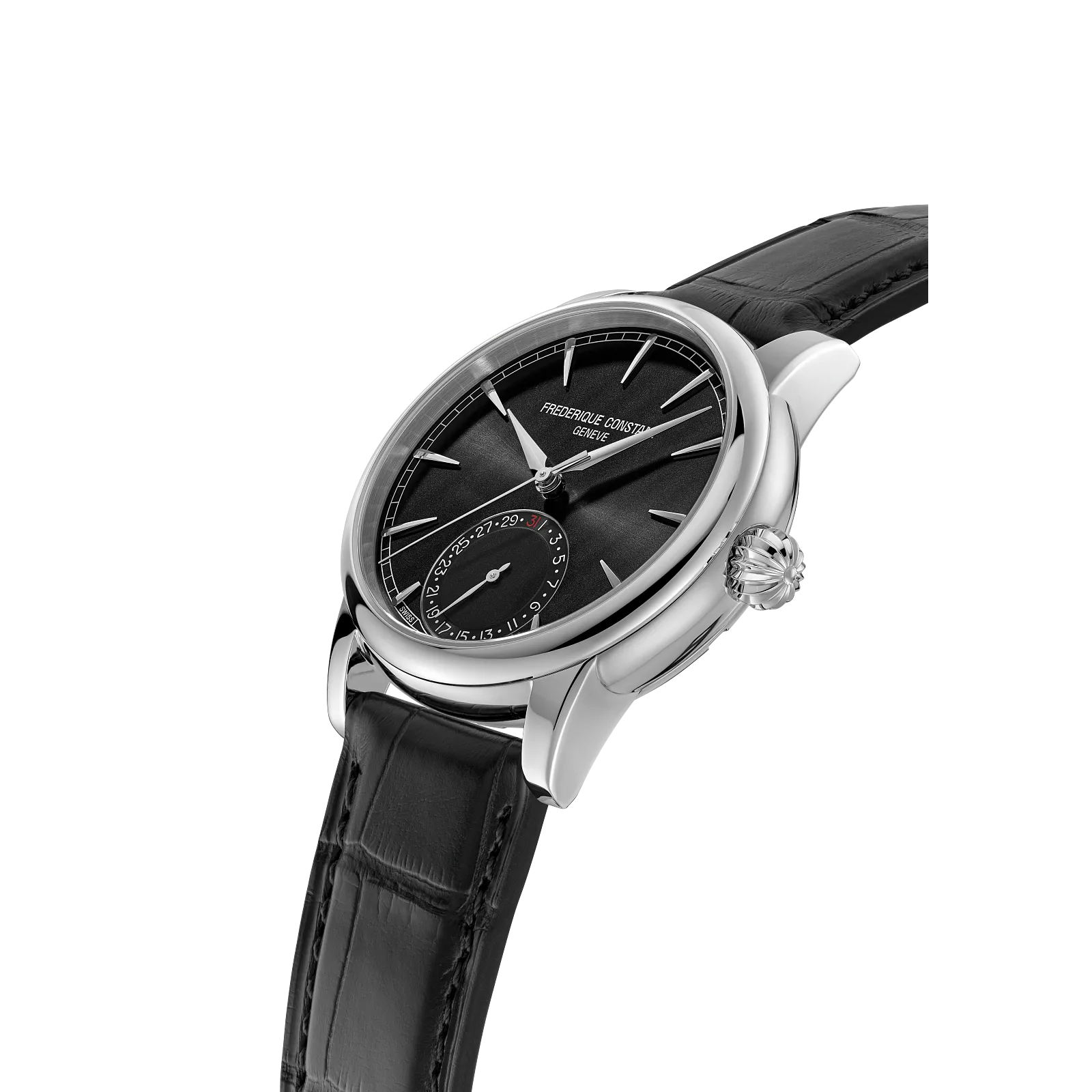 Angled side profile showing the polished steel case and watch face.