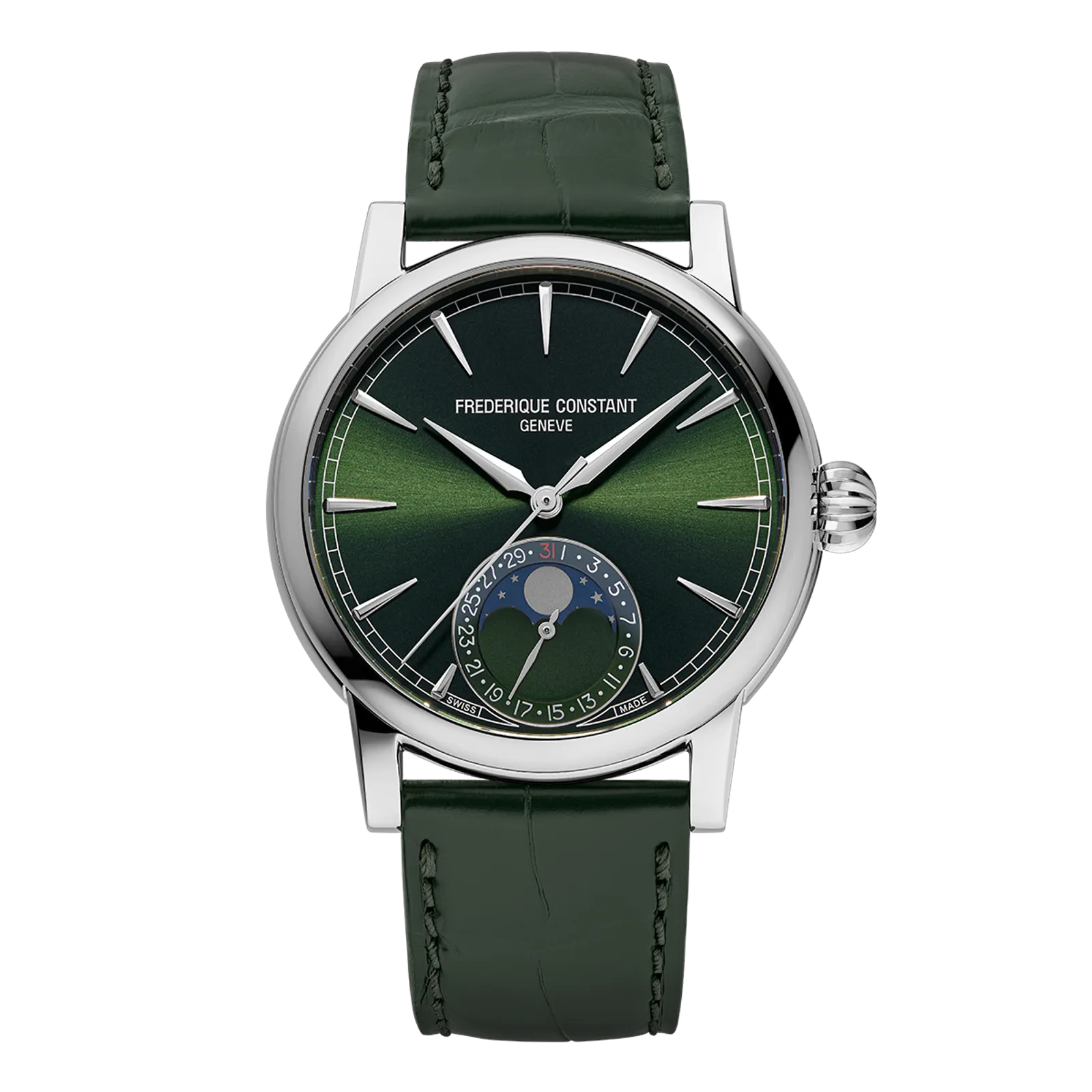 Frederique Constant Slimline Moonphase, green dial, green leather strap.