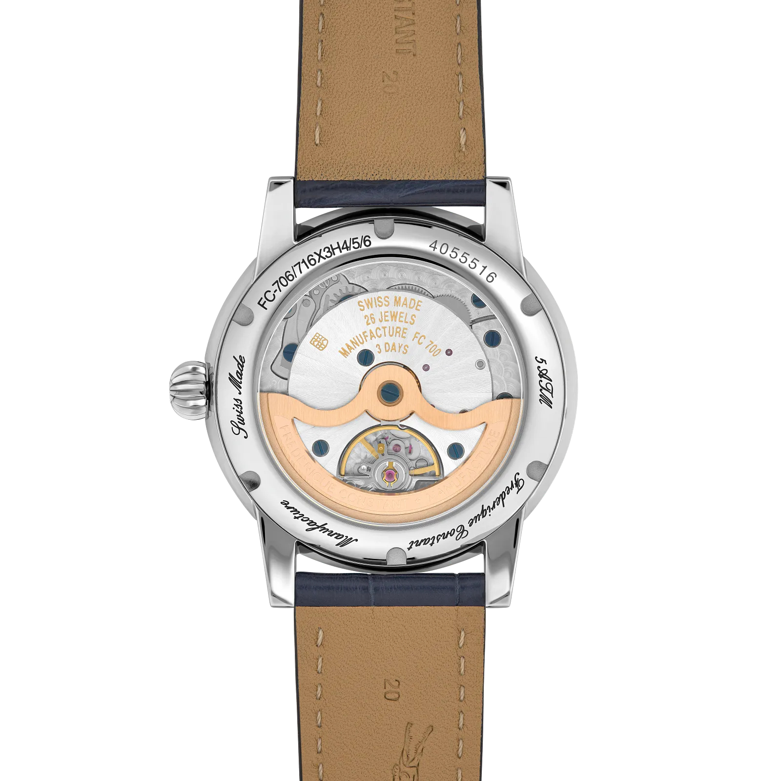 Exhibition caseback showing automatic manufacture movement and gold rotor.