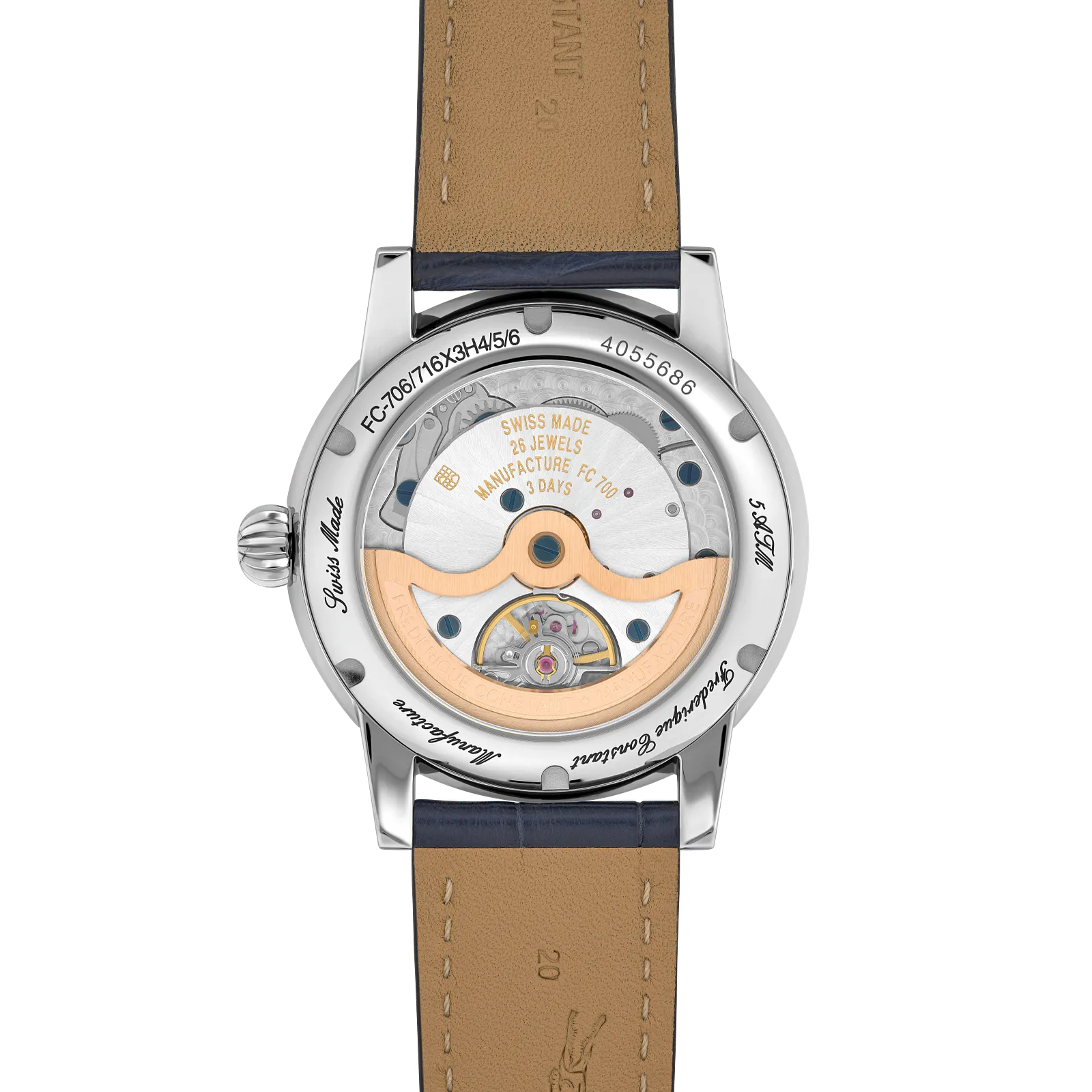 Exhibition case back view showing the gold-toned rotor and detailed internal mechanical movement.