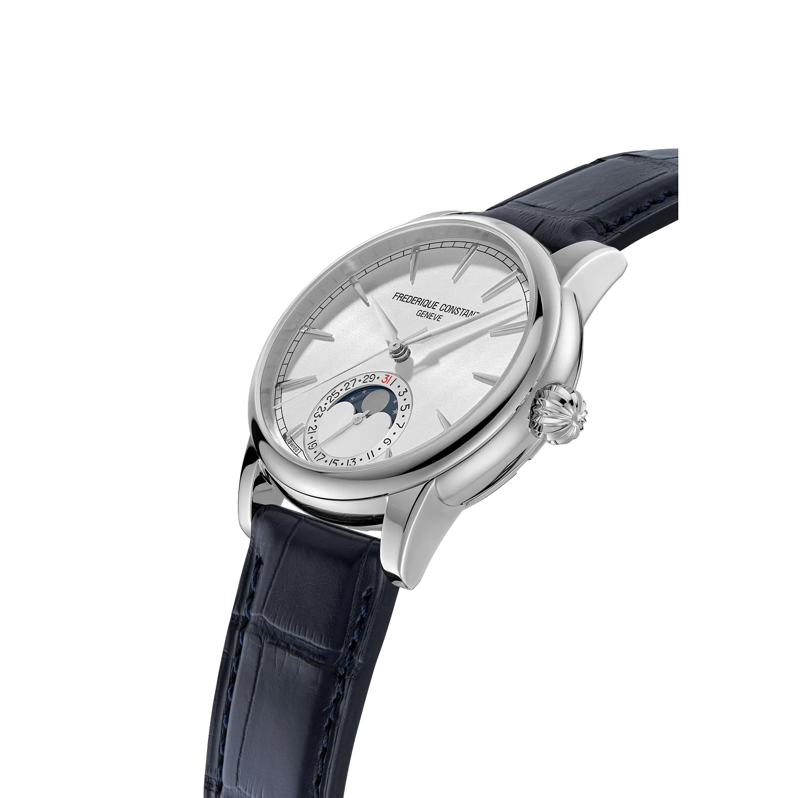Angled profile shot showcasing the watch's slim polished bezel and sapphire crystal dome.