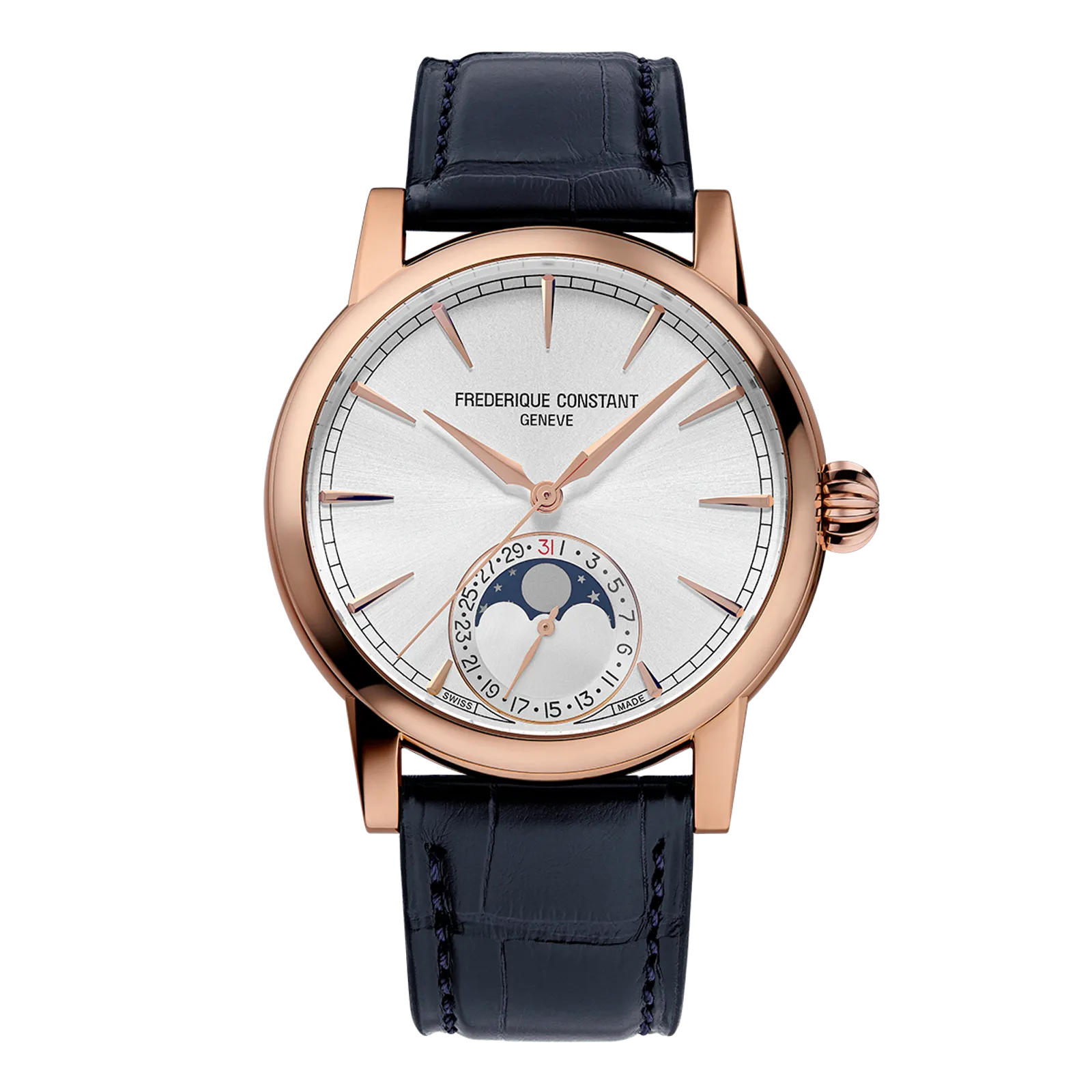 Frederique Constant Slimline Moonphase, rose gold case, silver dial, navy strap.
