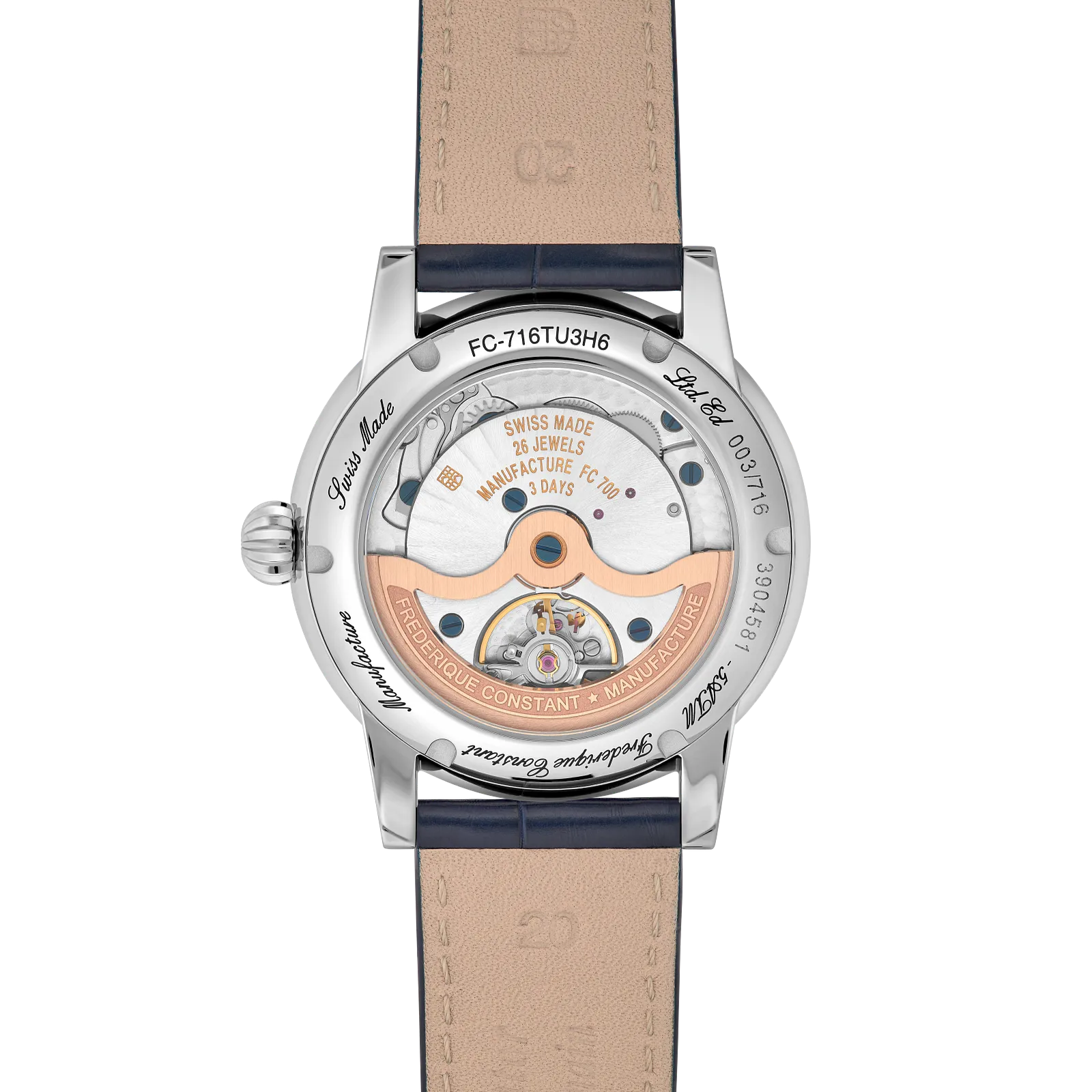 Detailed view of the transparent exhibition case back, revealing the automatic movement and gold-toned rotor.