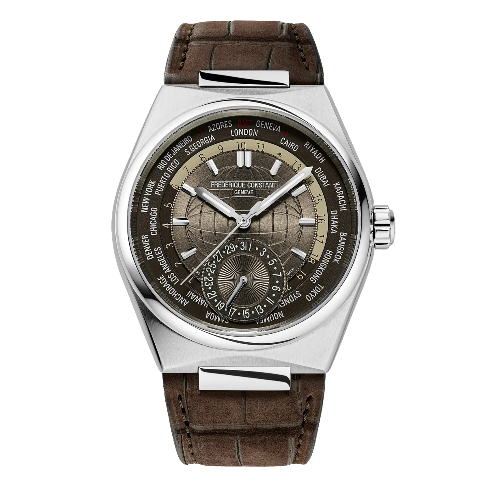 Front view of Frederique Constant Worldtimer watch with a brown globe-pattern dial and brown leather strap.