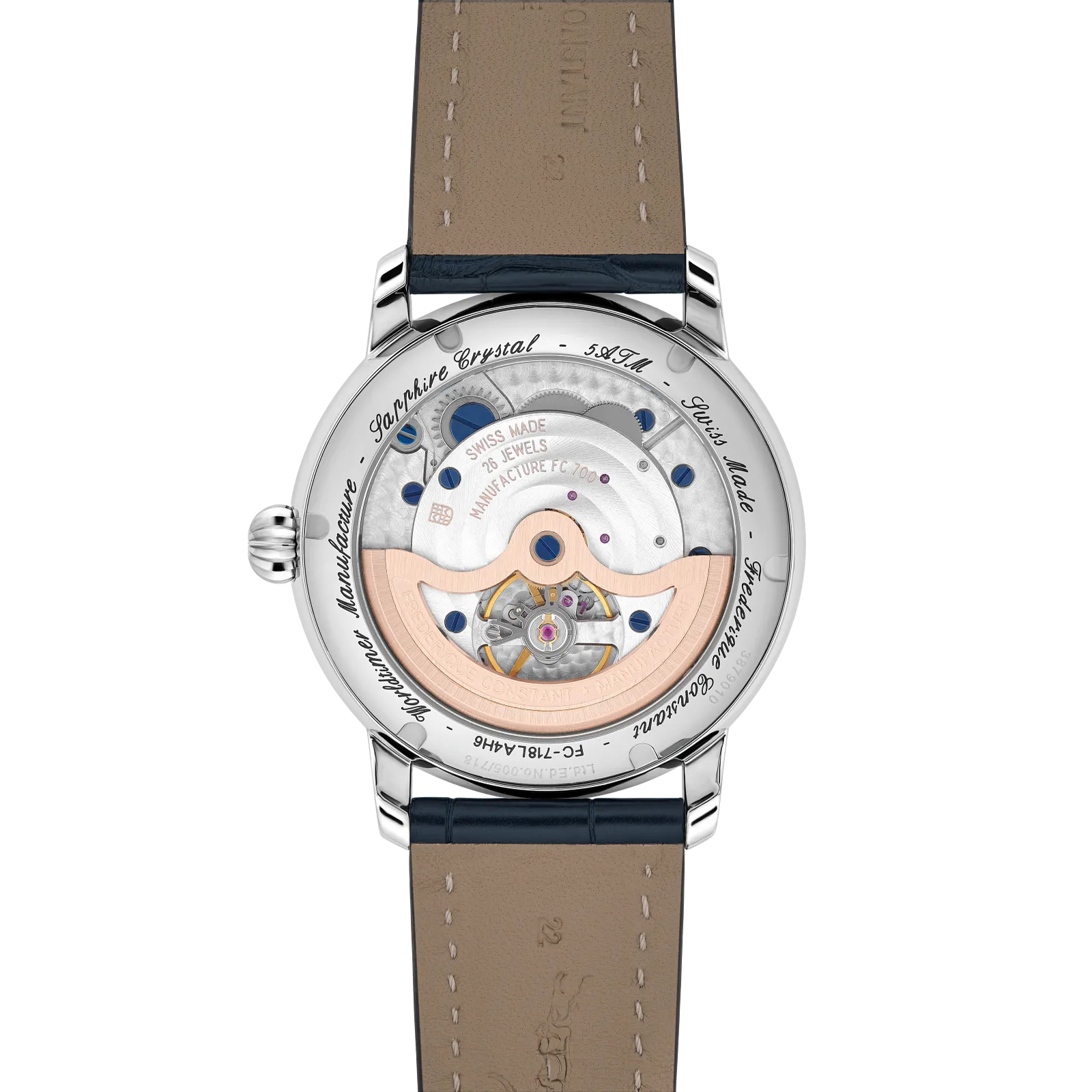 Exhibition case back revealing the complex automatic movement and rose gold-tone rotor.