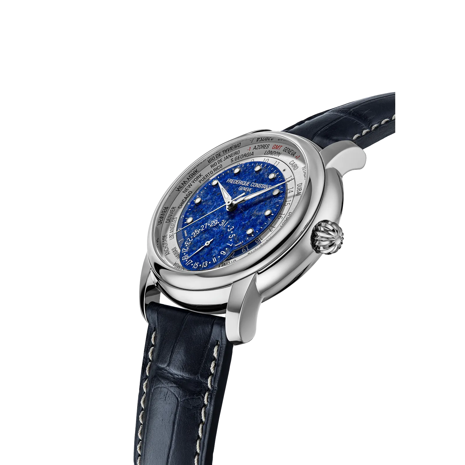 Angled view of the polished round case and navy blue leather strap.