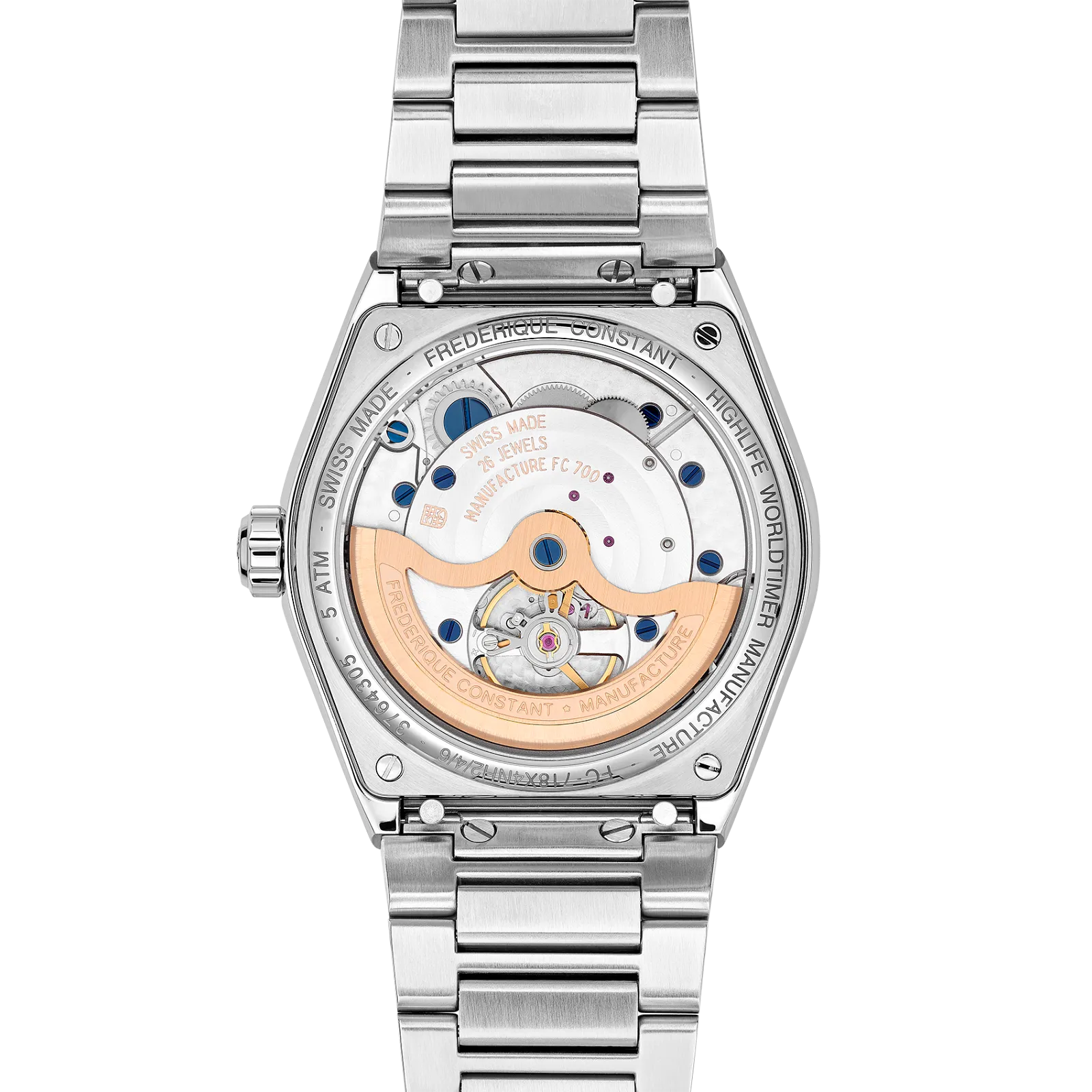 Exhibition caseback showing automatic watch movement and gold rotor.