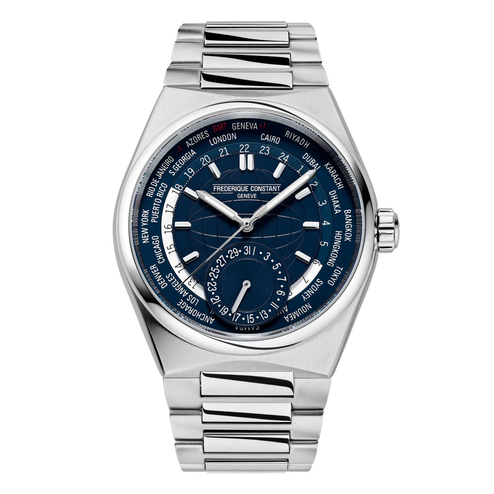 Frederique Constant Highlife Worldtimer, blue dial, stainless steel.