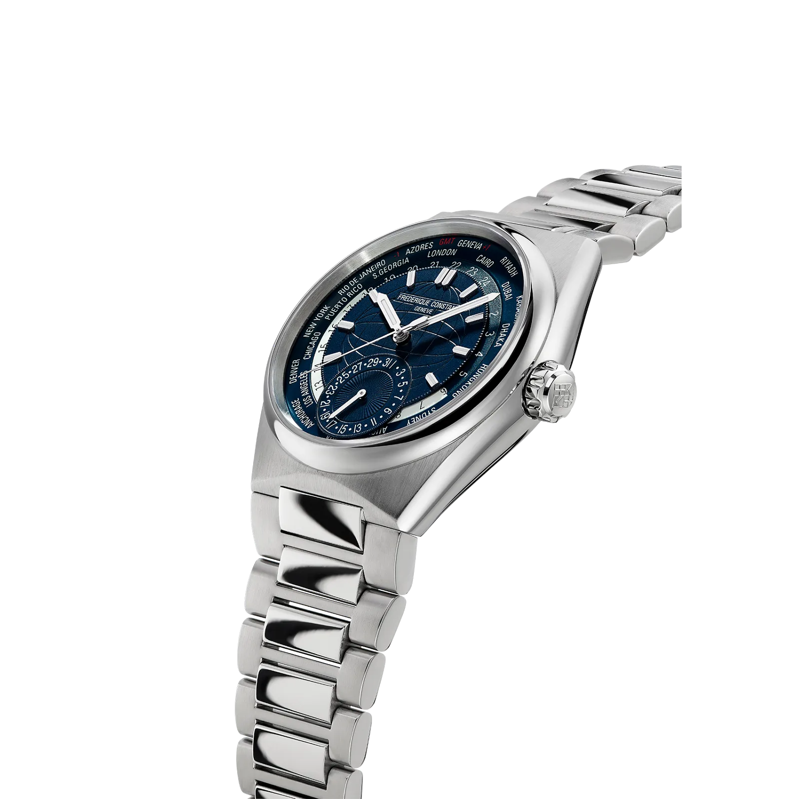 Profile view of luxury silver watch with blue dial and crown.