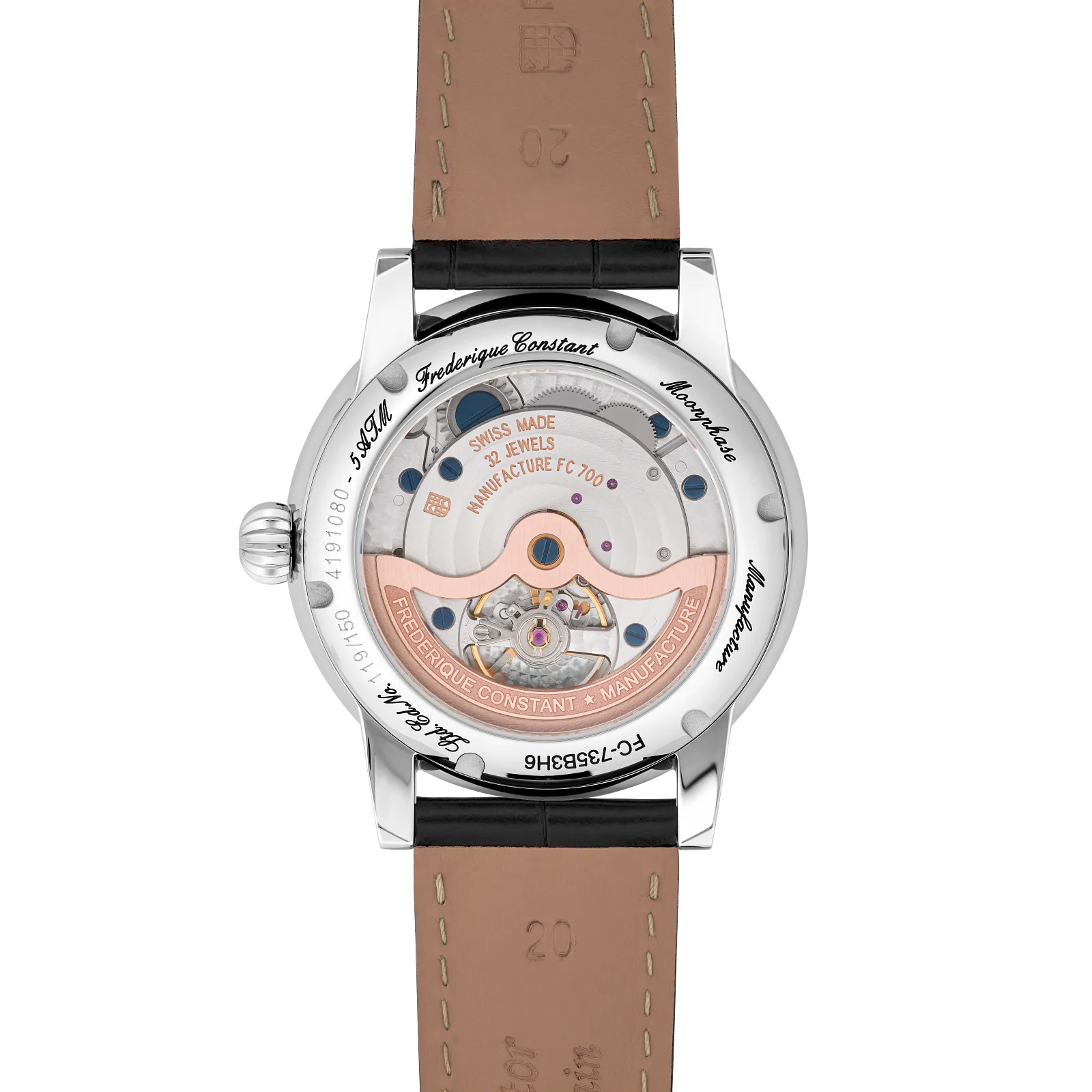 Back view of the watch displaying the transparent exhibition case and automatic mechanical movement.
