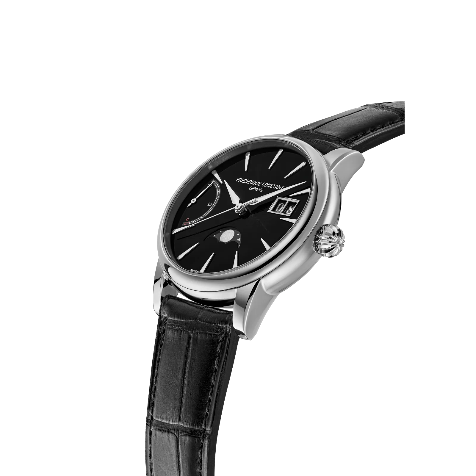 Perspective side view highlighting the polished silver bezel and the leather strap’s texture.