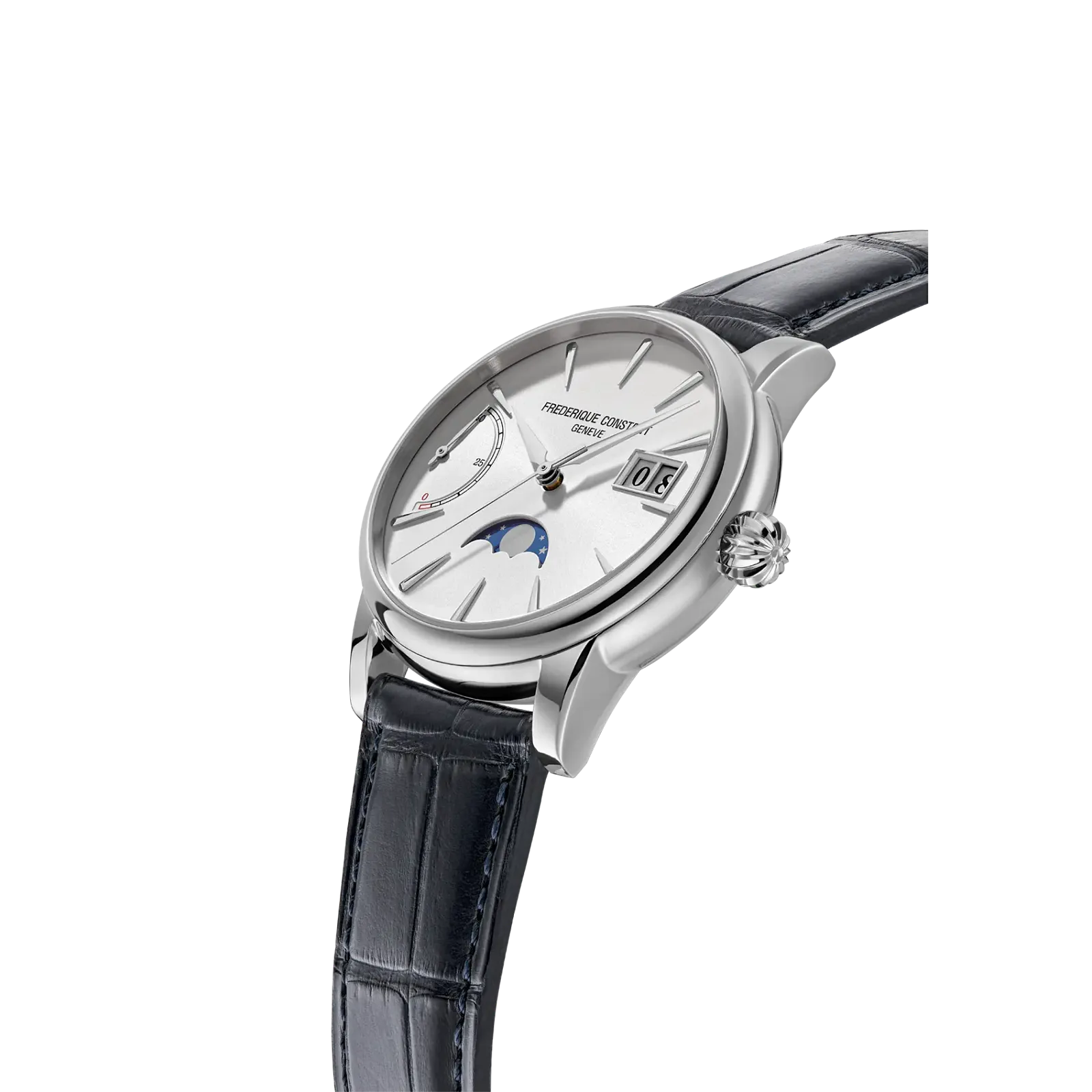 Side-angle shot showing the polished watch case, crown, and curved sapphire crystal profile.