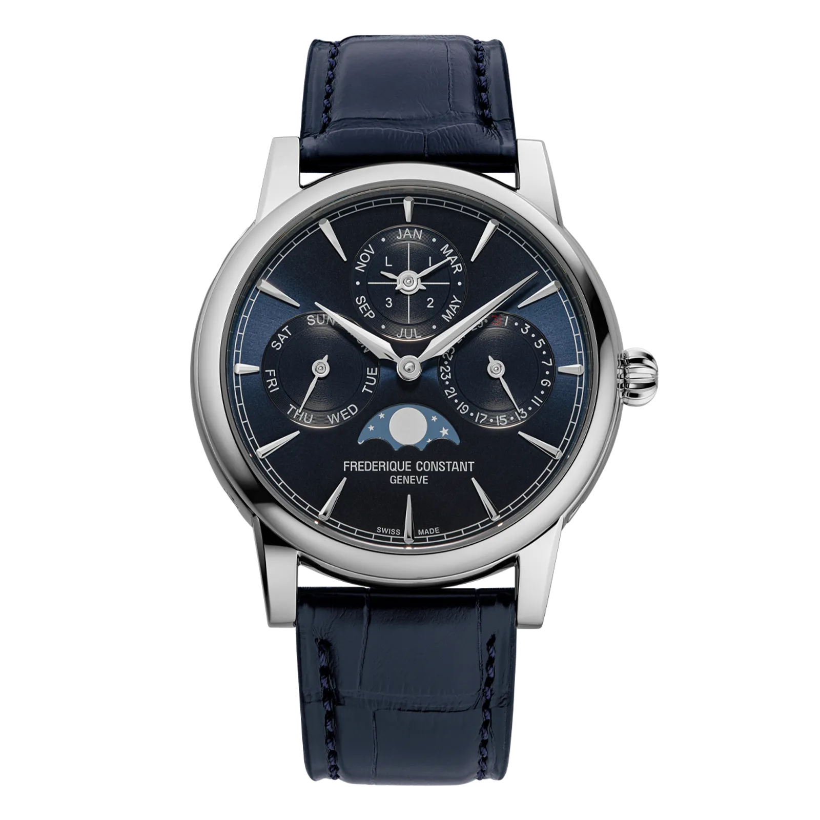 Frederique Constant Slimline Perpetual Calendar, navy dial, steel case, blue leather strap.