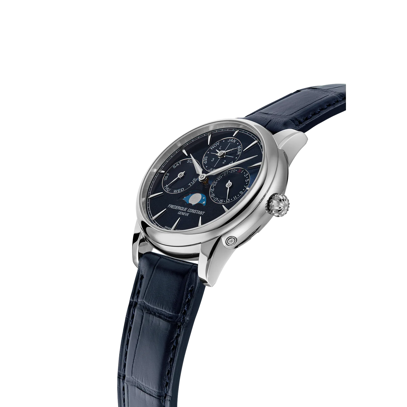 Angled profile of a luxury steel watch with a blue moonphase dial.