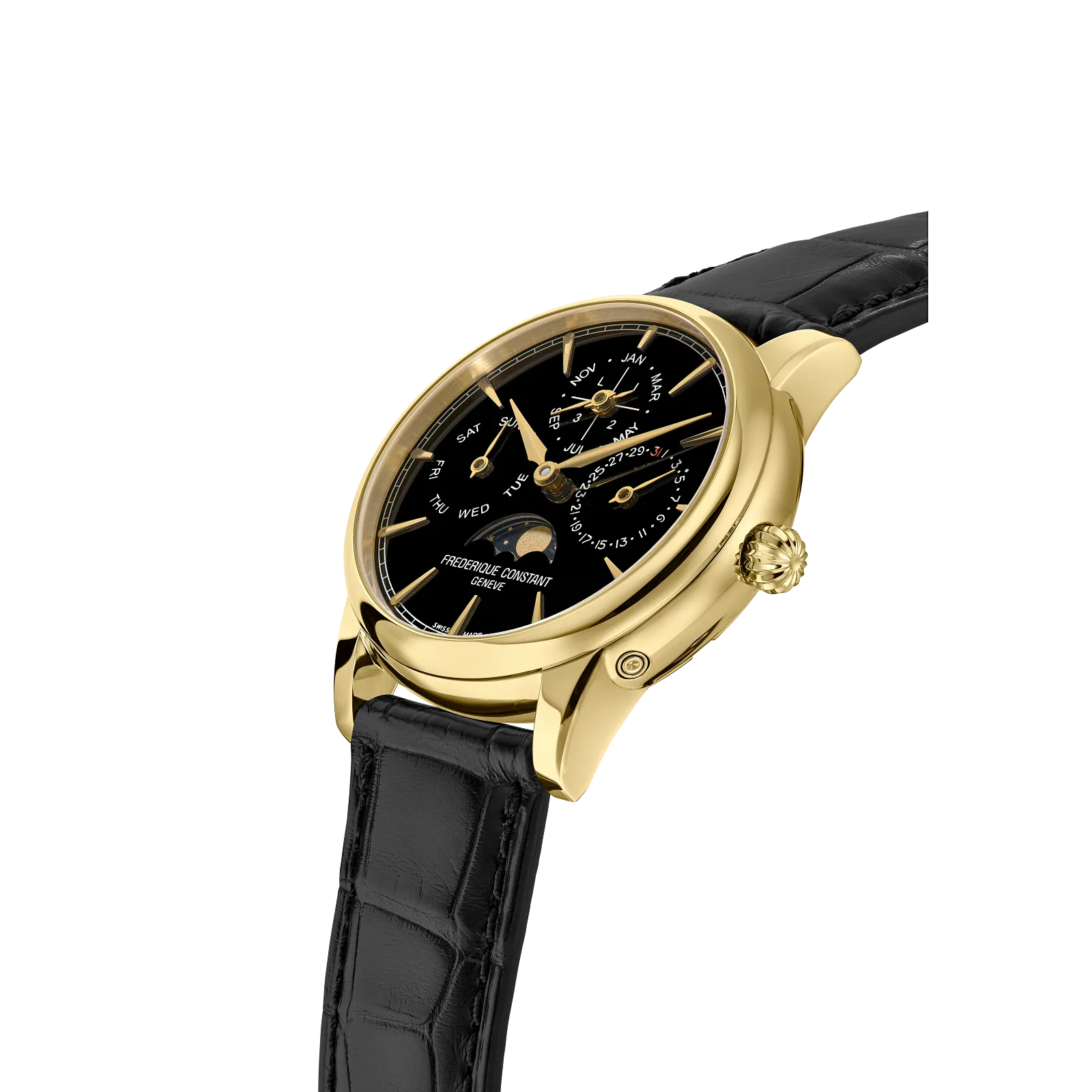 Angled profile of a gold luxury watch with a black moonphase dial.