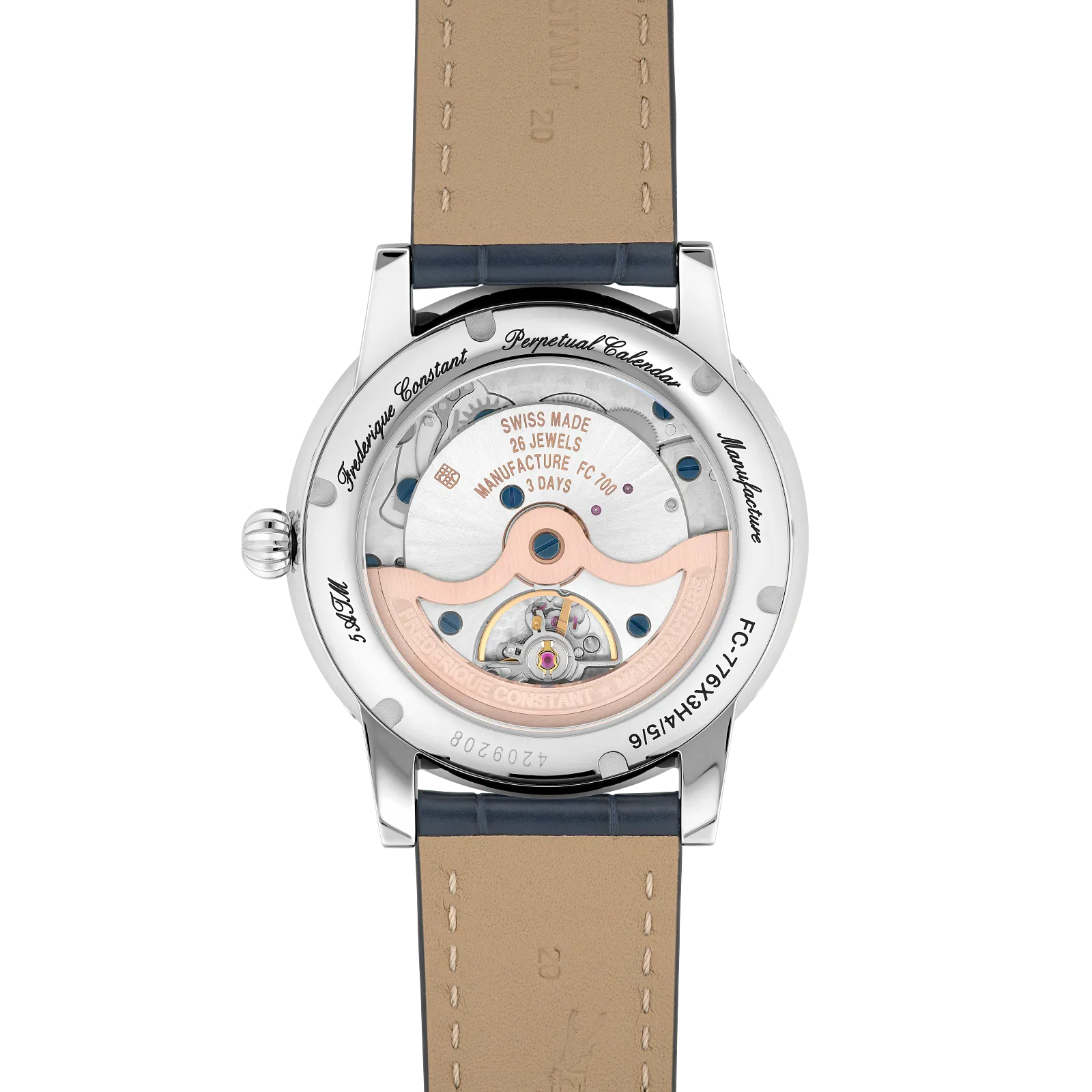 Exhibition caseback showing automatic movement and rose gold rotor.