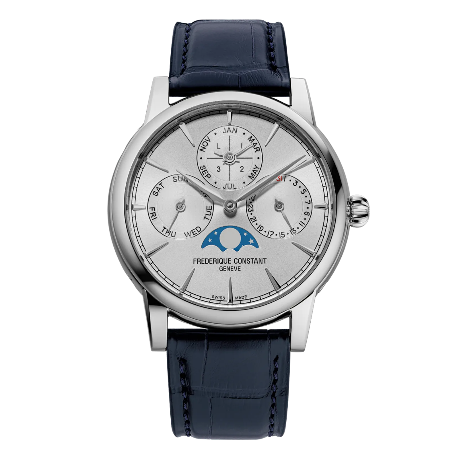 Frederique Constant Slimline Perpetual Calendar, silver dial, navy leather strap.