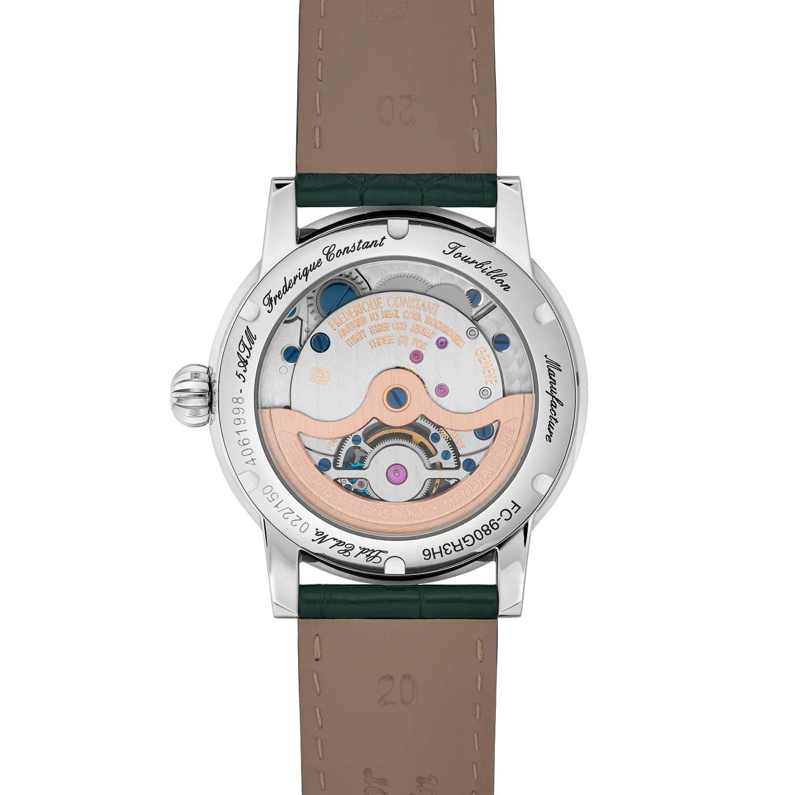 Exhibition caseback showing automatic movement and rose gold rotor.
