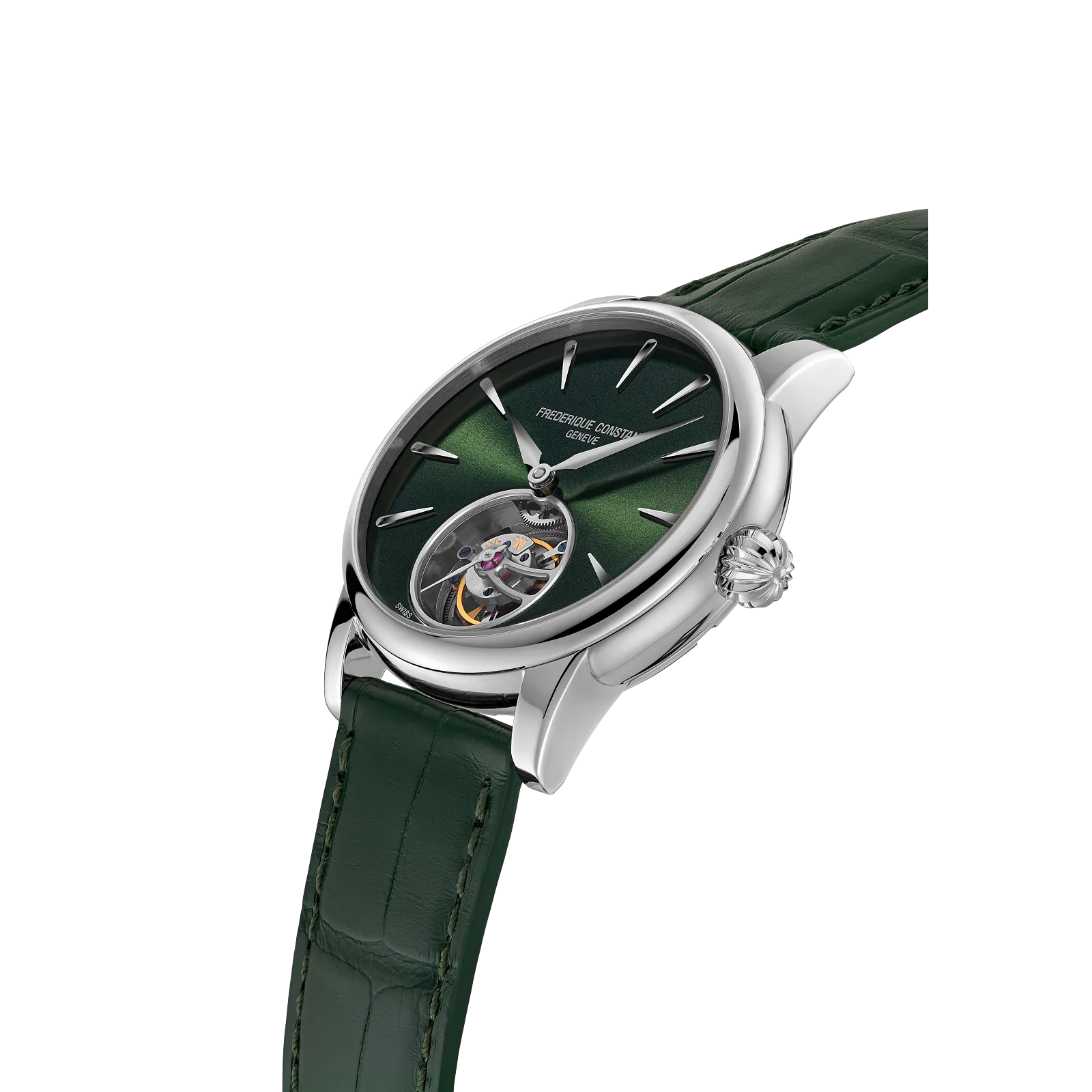 Angled profile of a luxury steel watch with a green open-heart tourbillon dial.