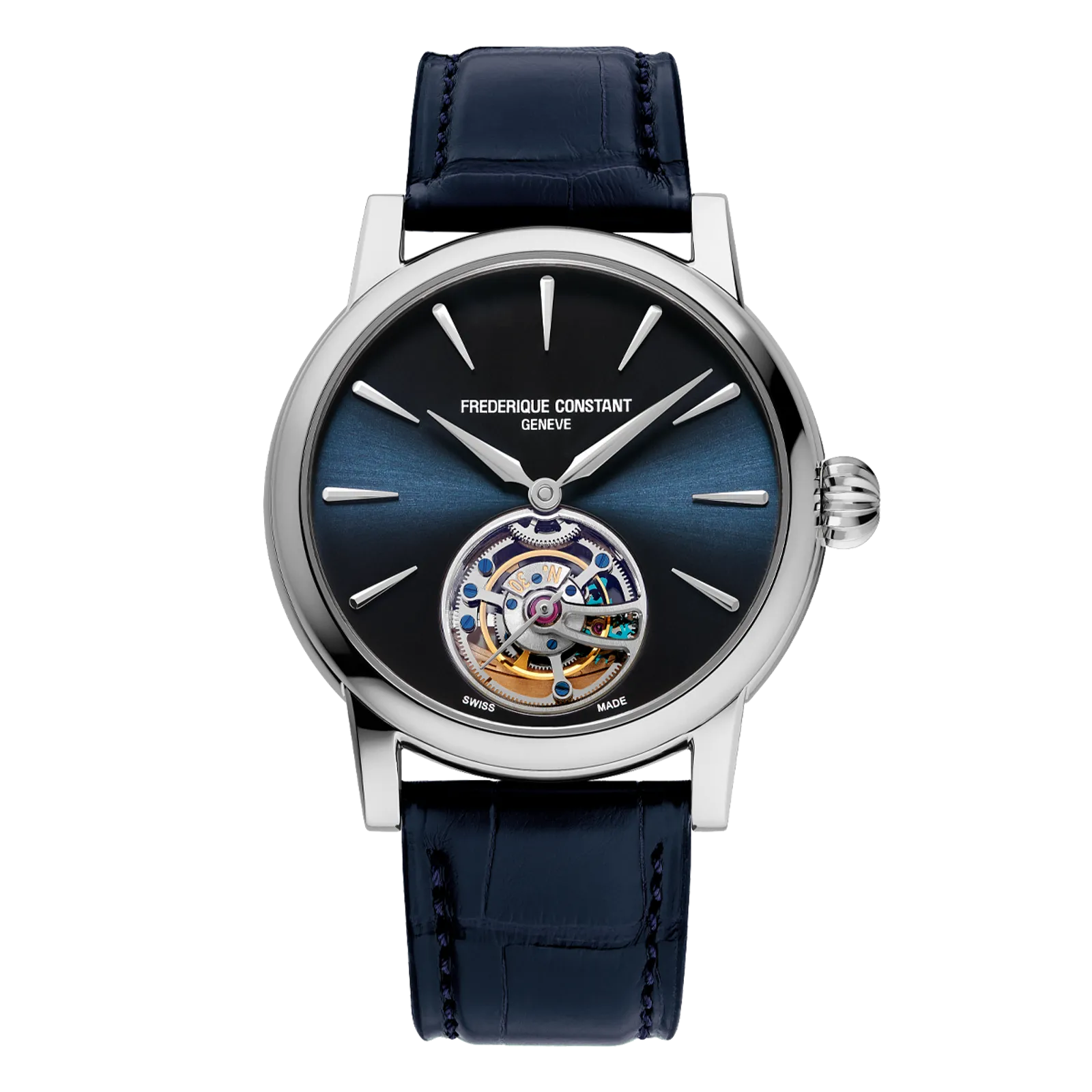 Frederique Constant Manufacture Tourbillon, blue sunray dial, navy leather strap.