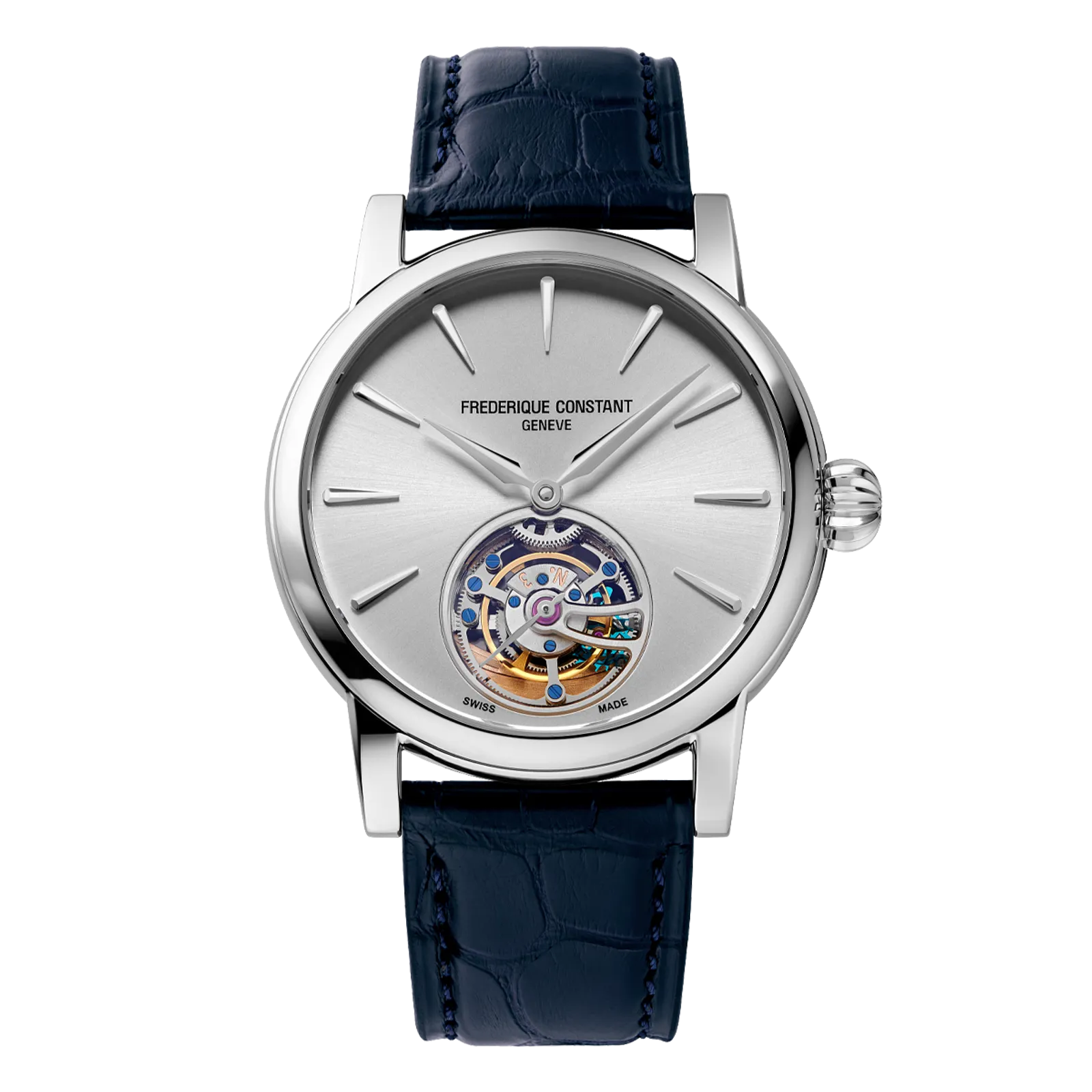 Frederique Constant Manufacture Tourbillon, silver dial, navy alligator strap.
