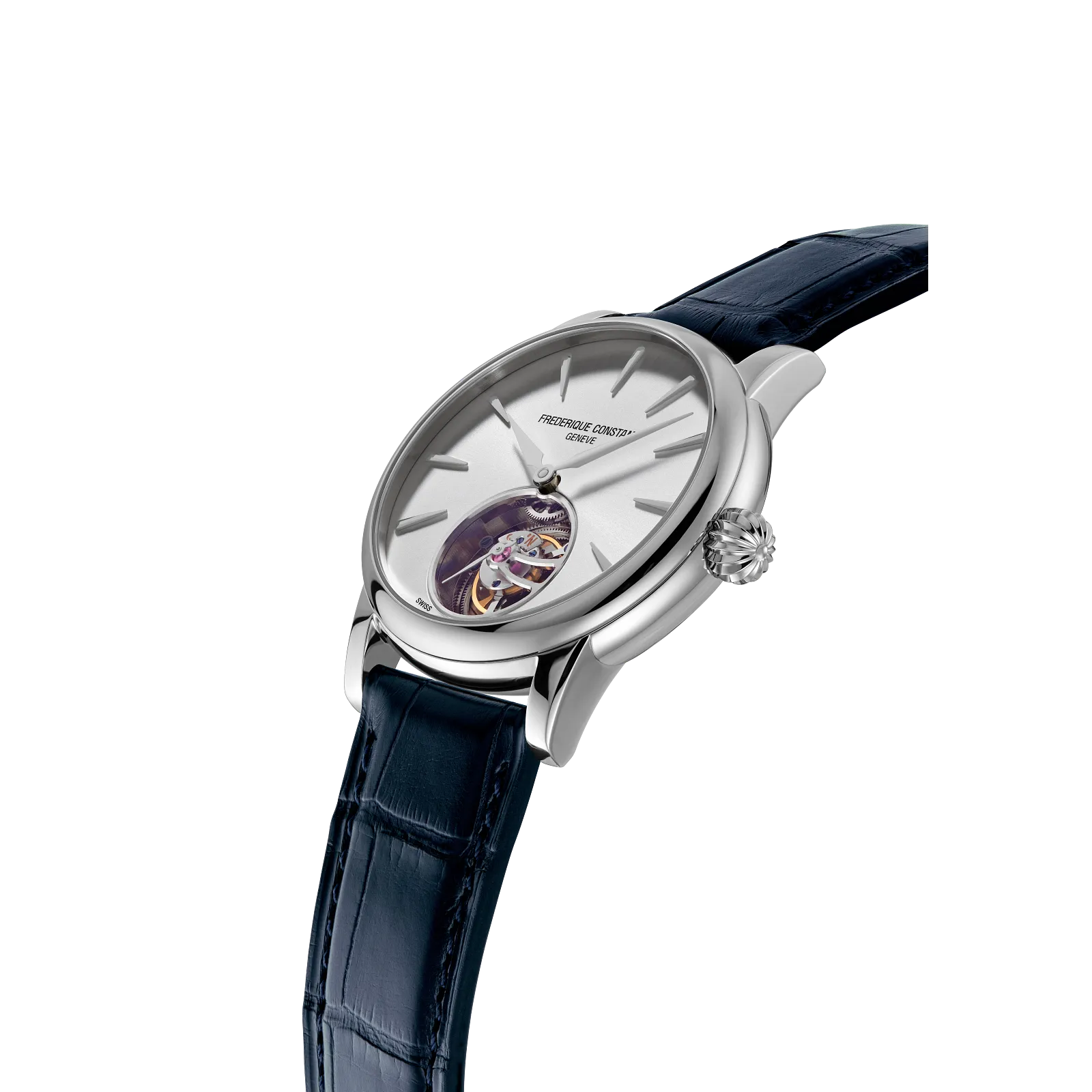 Angled profile of a luxury silver watch with an open-heart tourbillon dial.