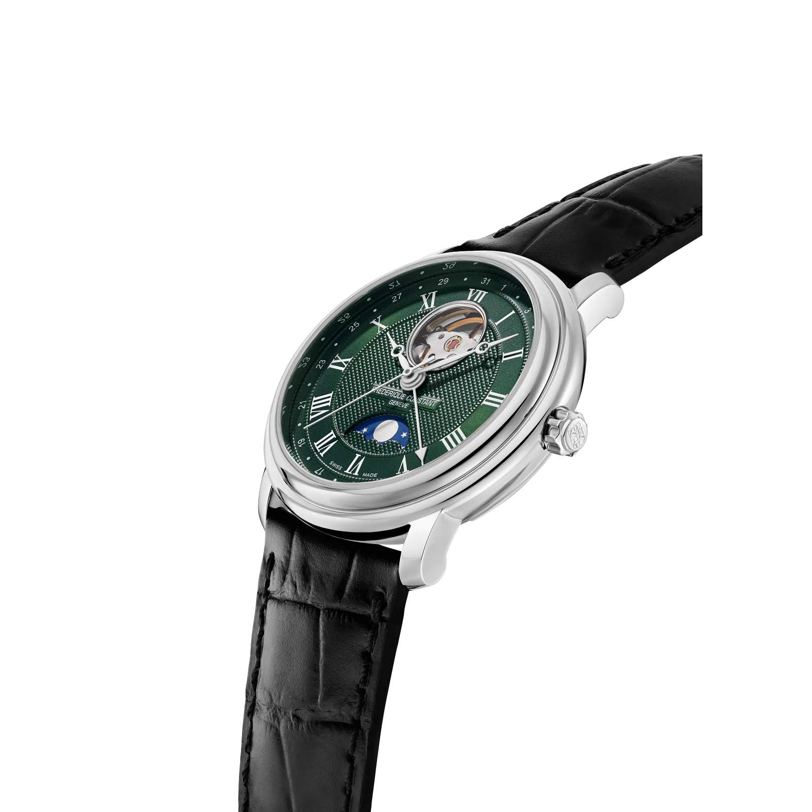 Angled profile showing the polished silver case and textured black leather strap.