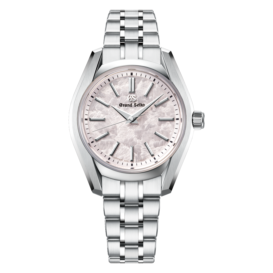 A high-resolution frontal shot of a luxury watch with pink textured dial.