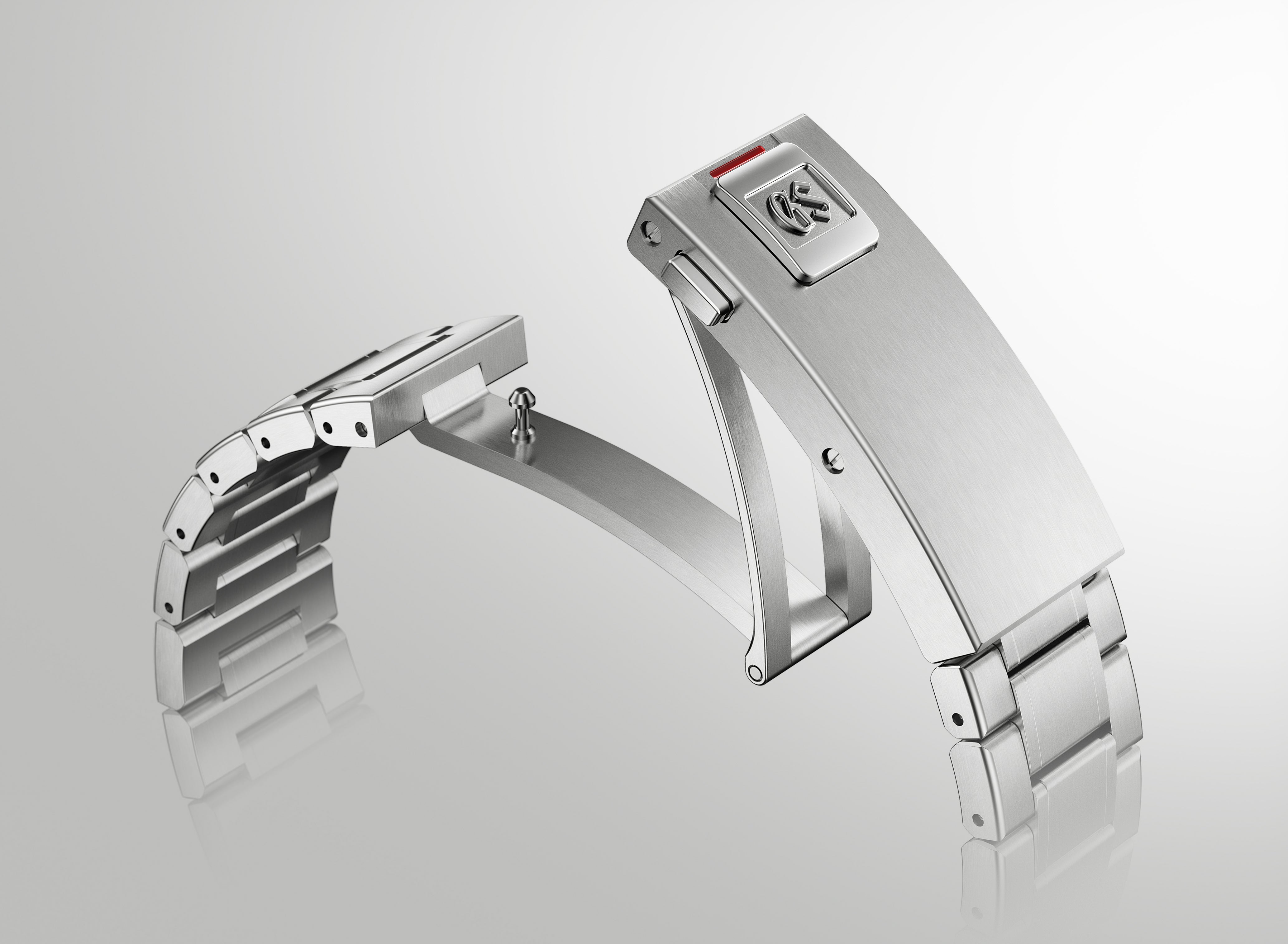 Close-up of the stainless steel folding clasp featuring the embossed GS logo.