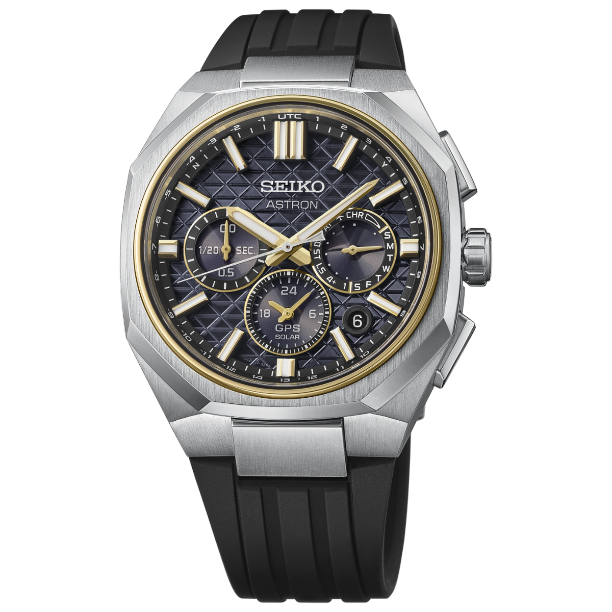 Seiko Astron GPS Solar Dual-Time Chronograph Black and Gold 43mm HAB003 front view