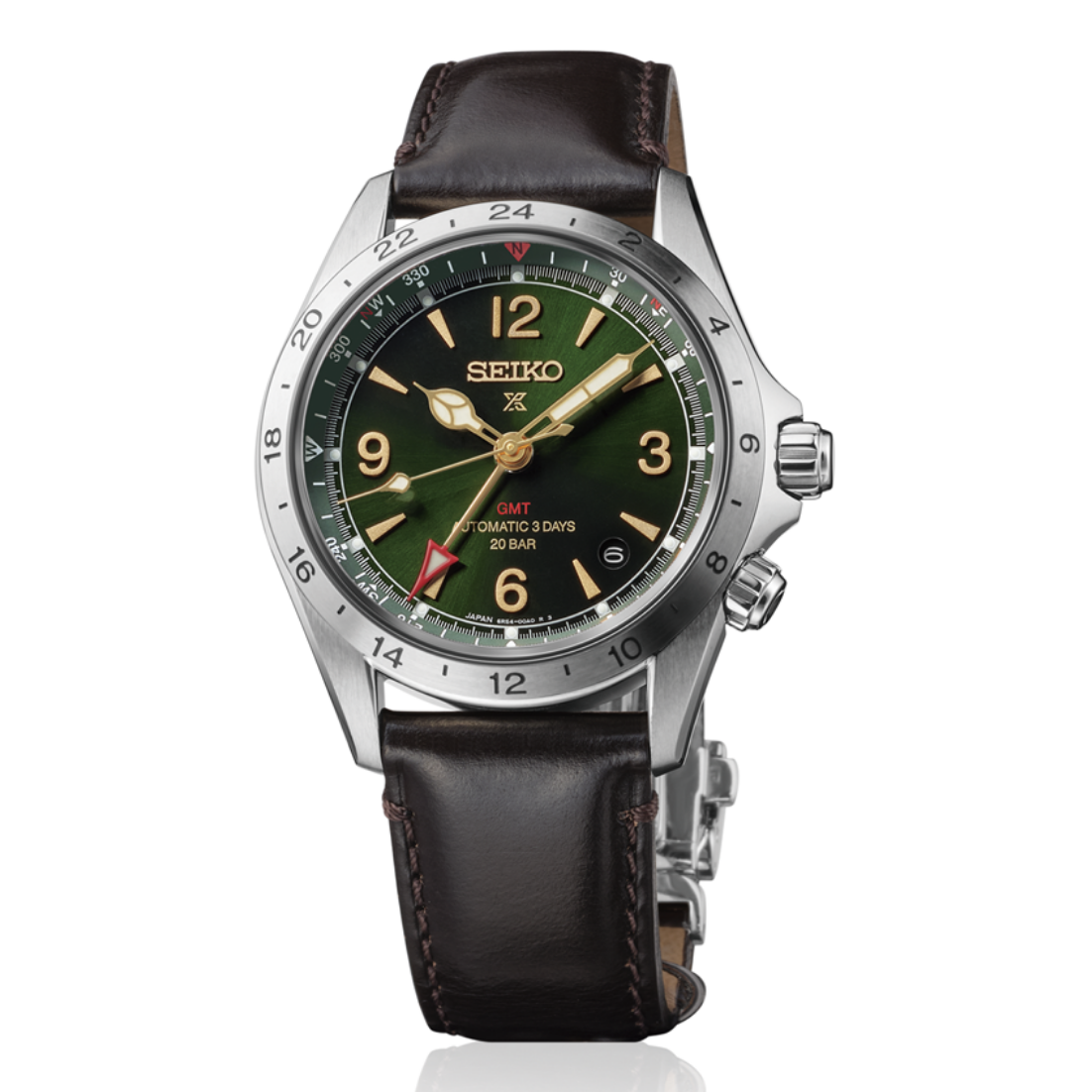 Seiko Prospex Alpinist Automatic GMT Sunray Green 39.5mm HBC007 Product Closeup