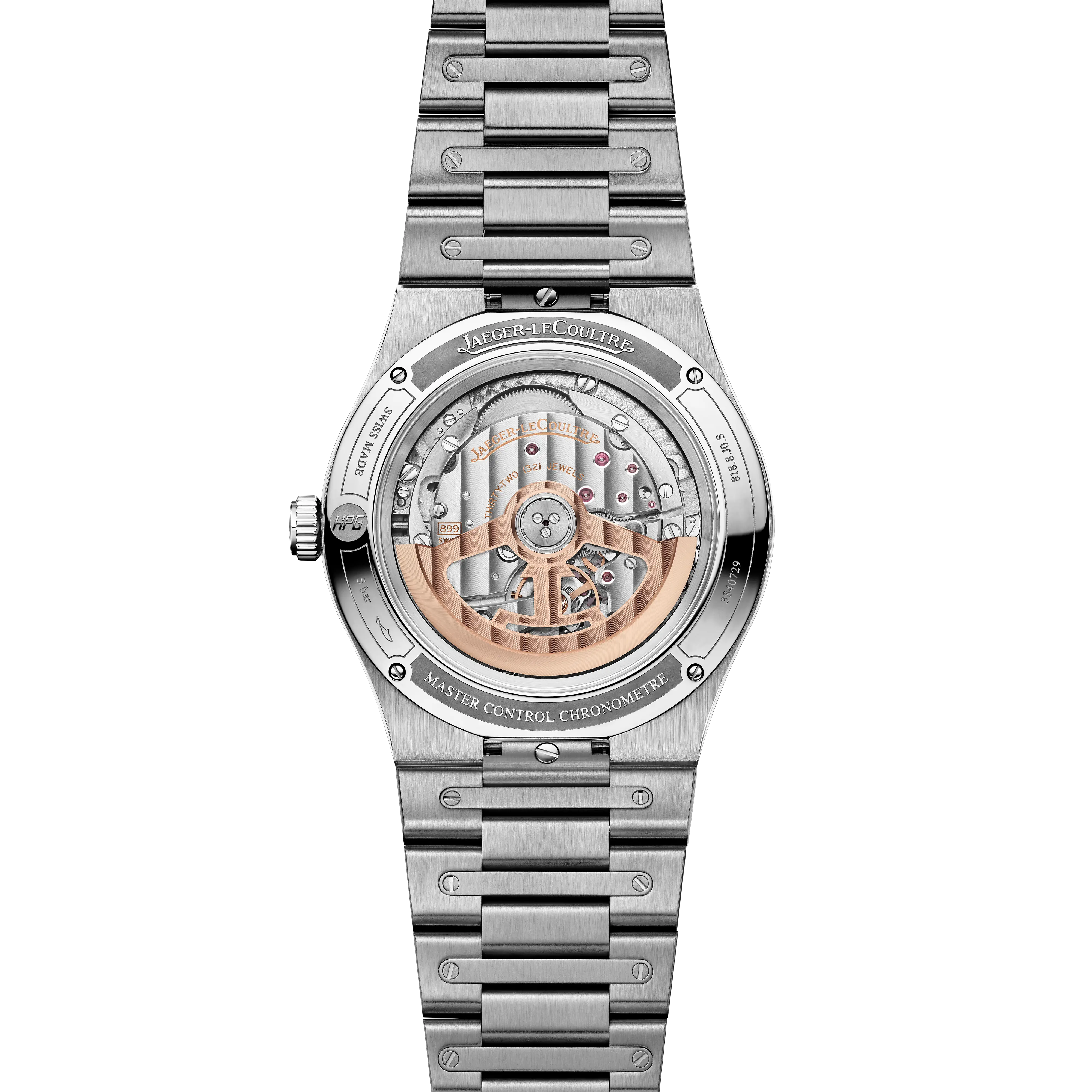 The transparent case back reveals an intricate mechanical movement with gold rotor.