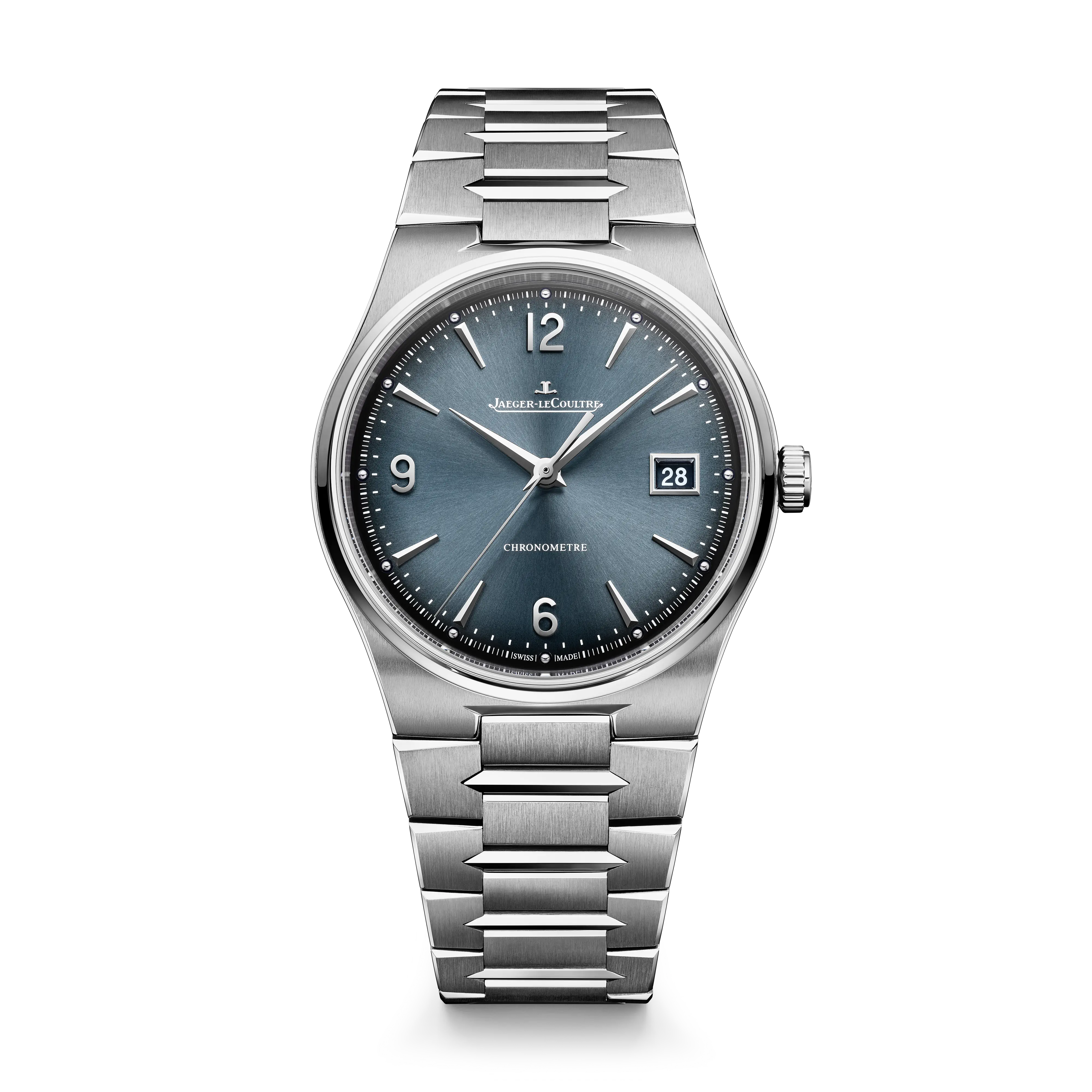 A luxury stainless steel watch featuring a sunray blue dial and bracelet.