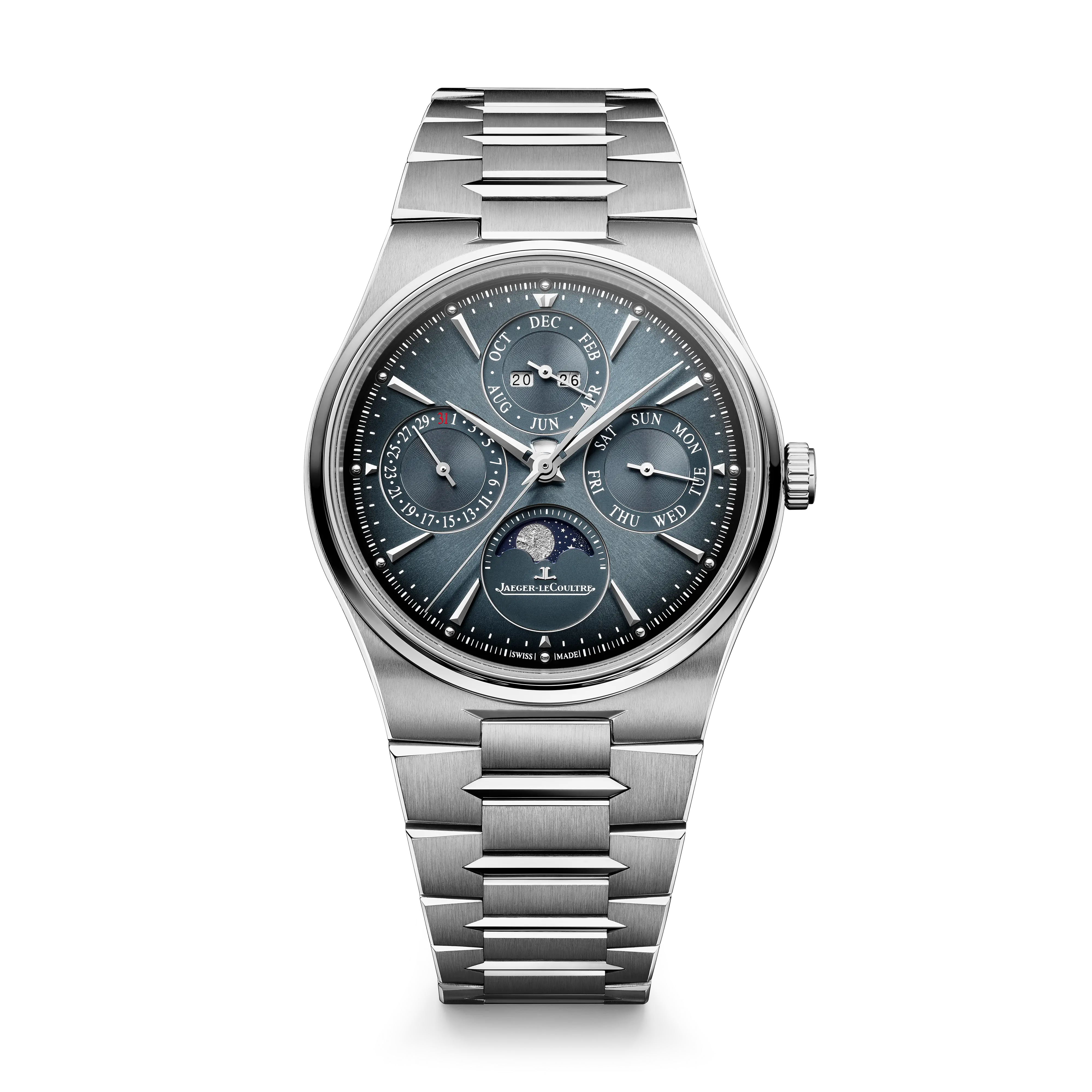 Stainless steel perpetual calendar watch with moon phase and blue sunray dial.
