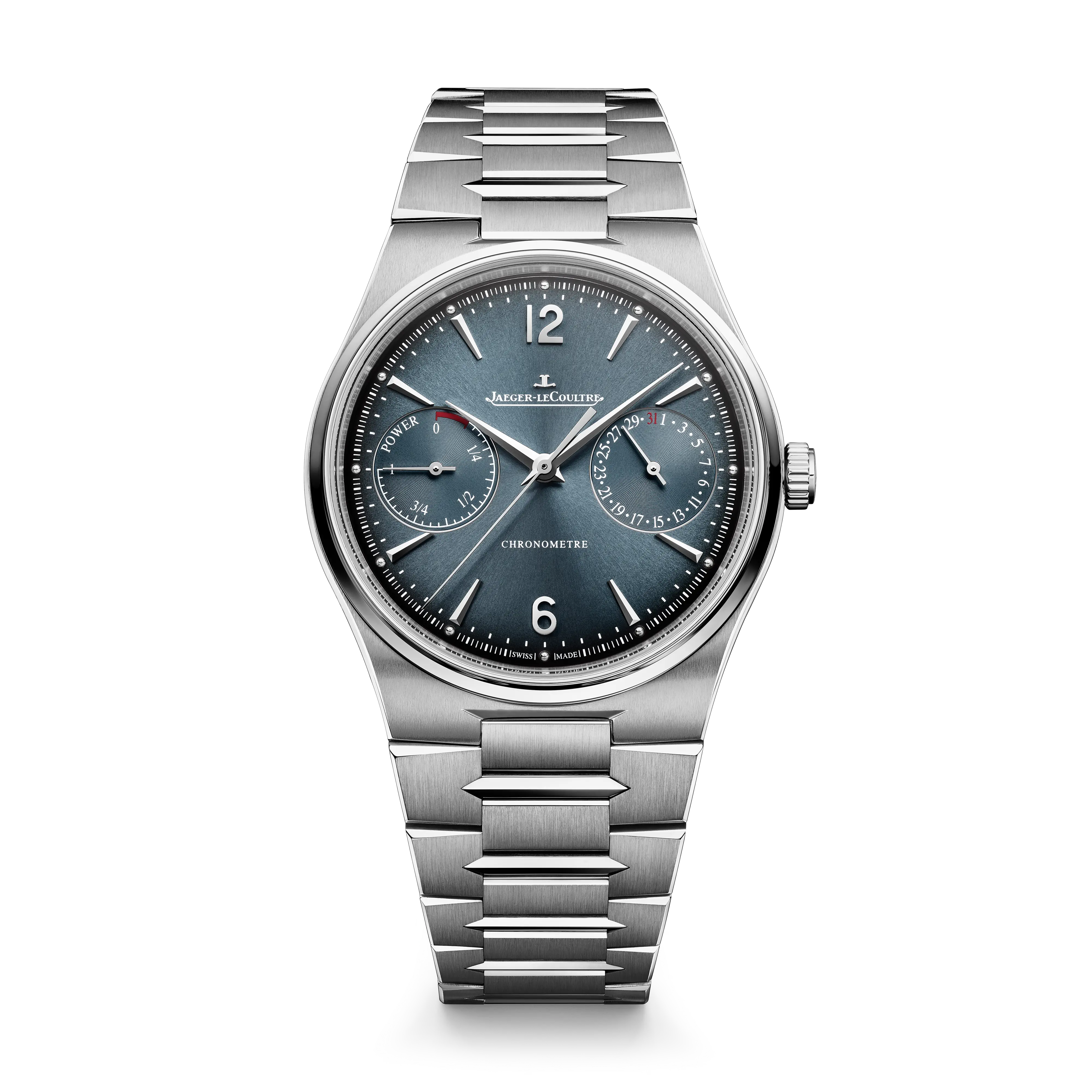 Stainless steel watch featuring a blue dial with power reserve and date sub-dials.