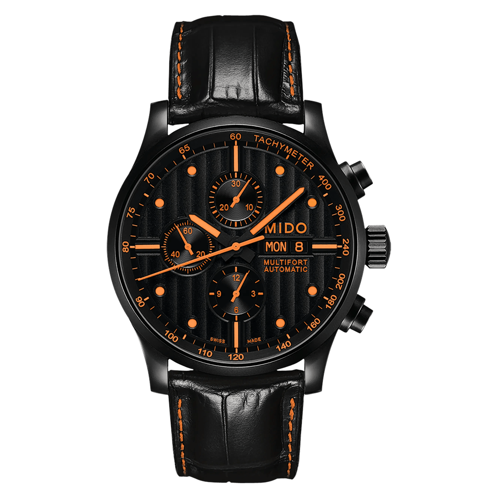 MIDO Multifort Gent Chronograph Black Dial Stainless Steel with Black PVD Coating - Black Leather Strap and additional Orange strap - 44mm - M0056143605122