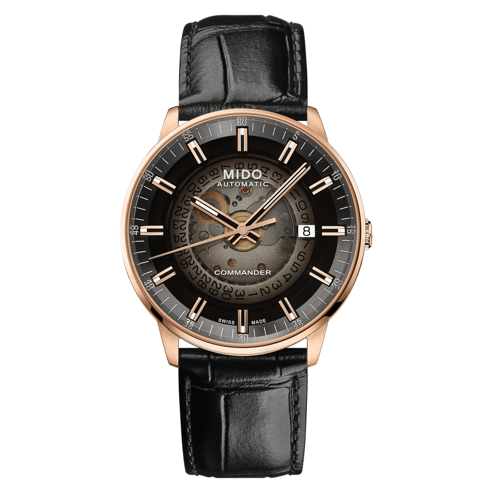 MIDO Commander Gradient Black See-Through Dial -Rose Gold-Tone PVD Stainless Steel Watch with Black Leather Strap- 40mm - M0214073641100