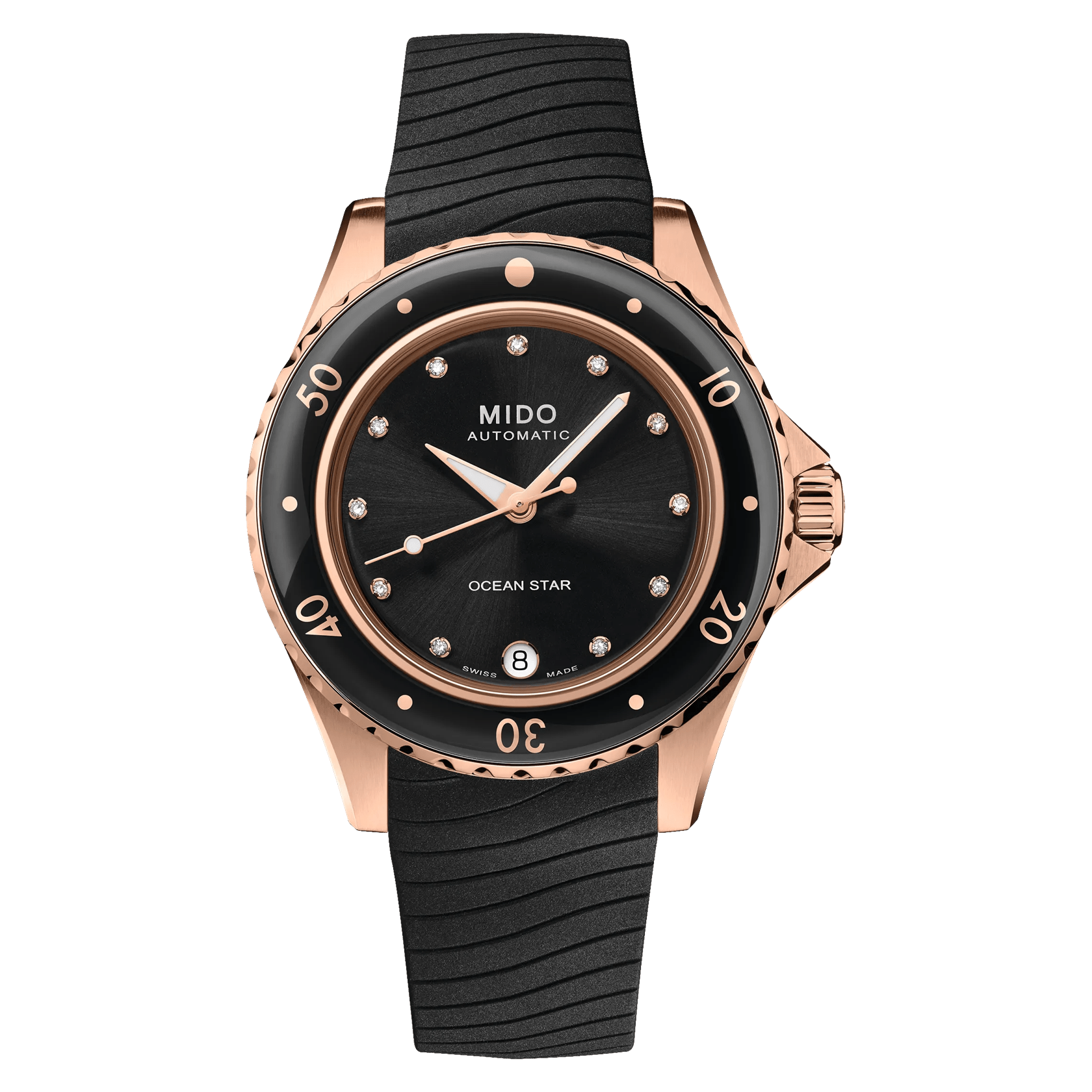 MIDO Ocean Star 36.5 Black Dial womens watch with Diamonds Rose Gold Tone diver 36.5mm M0262073705600