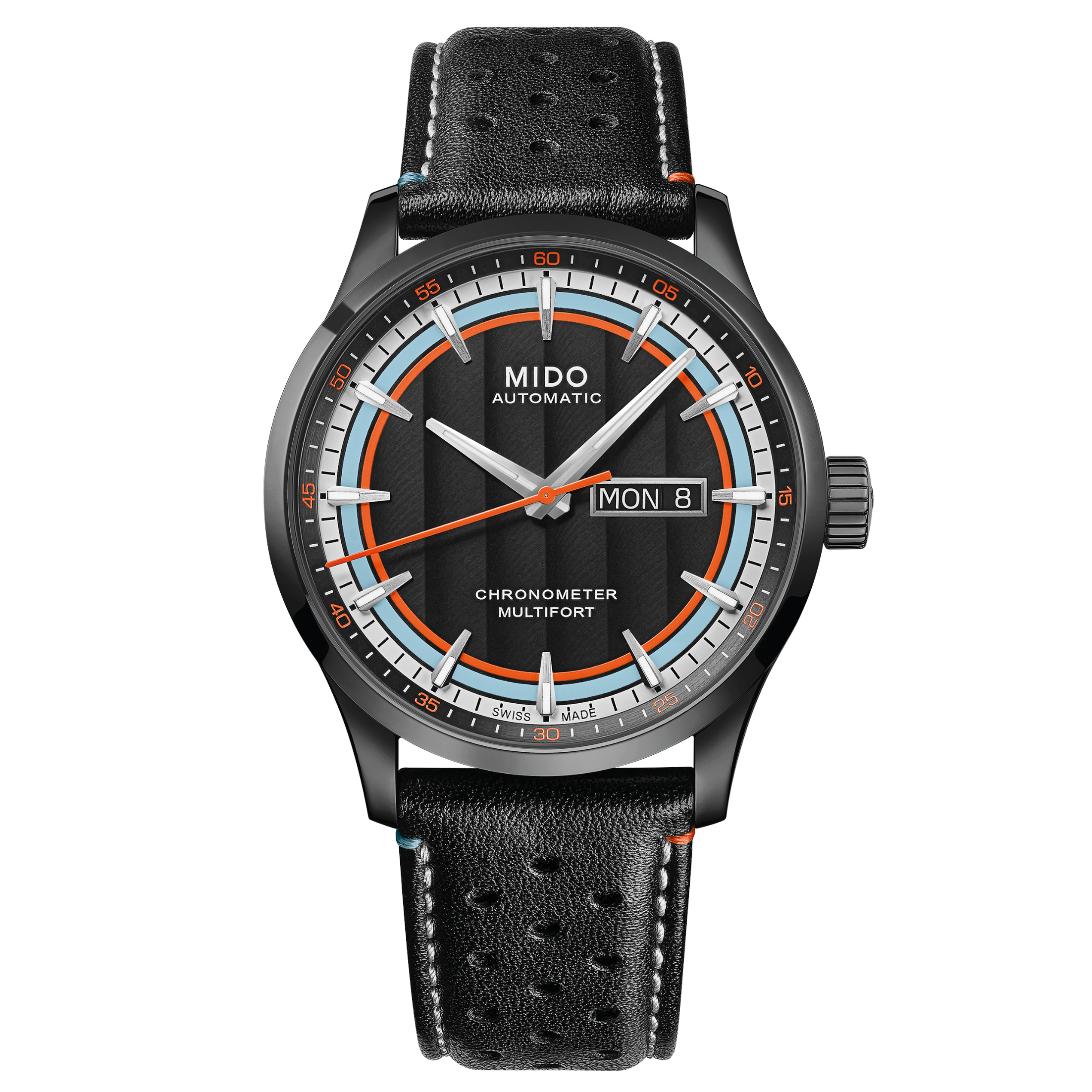 MIDO Multifort Chronometer 1 Racer - Black Dial, Stainless Steel Black PVD Watch, Racing Inspired Leather Strap - 40mm - M0384313605100